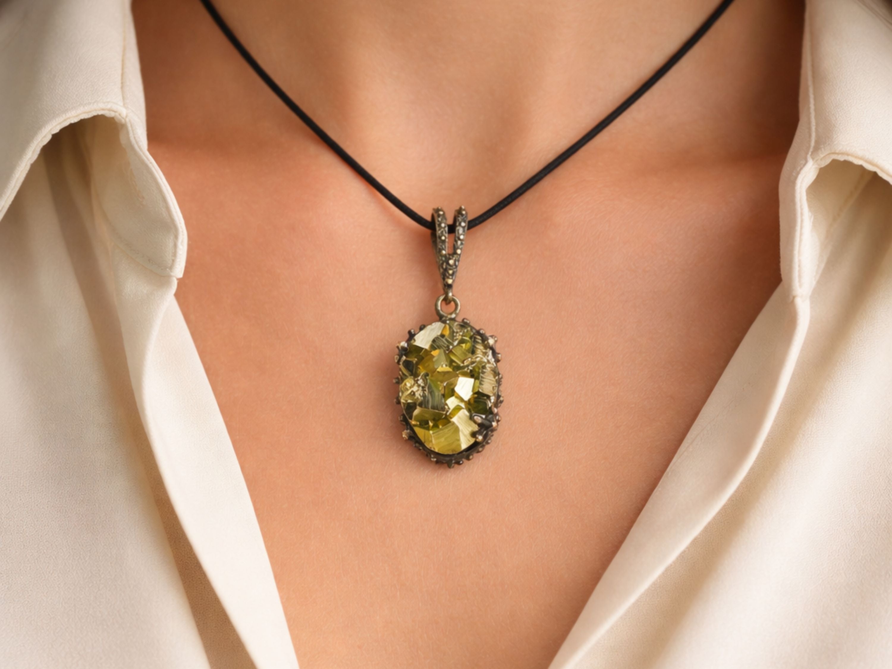 pyrite necklace on neck raw gold pendant sterling silver jewelry