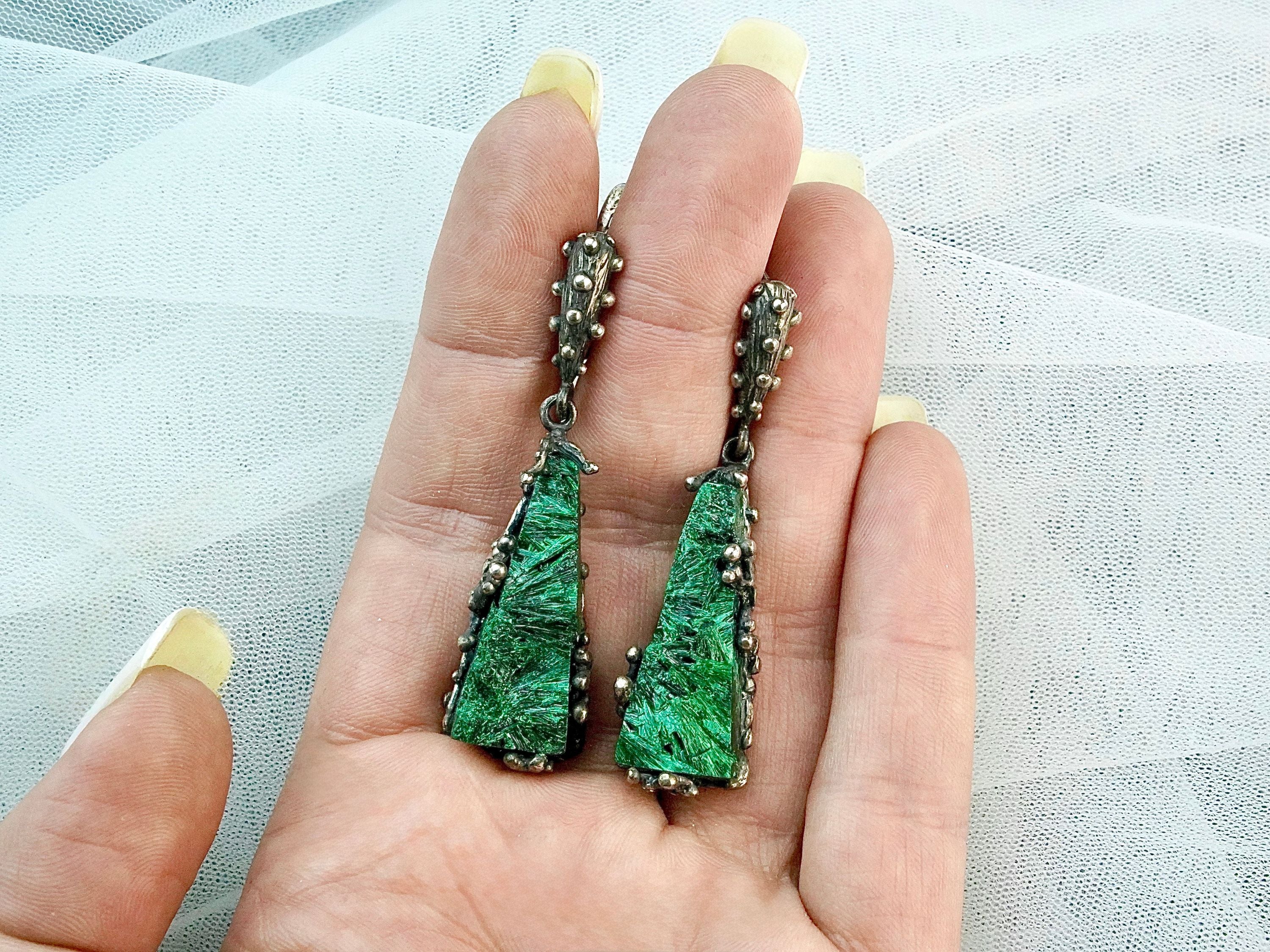long malachite earrings on hand size reference green gemstone drop earrings
