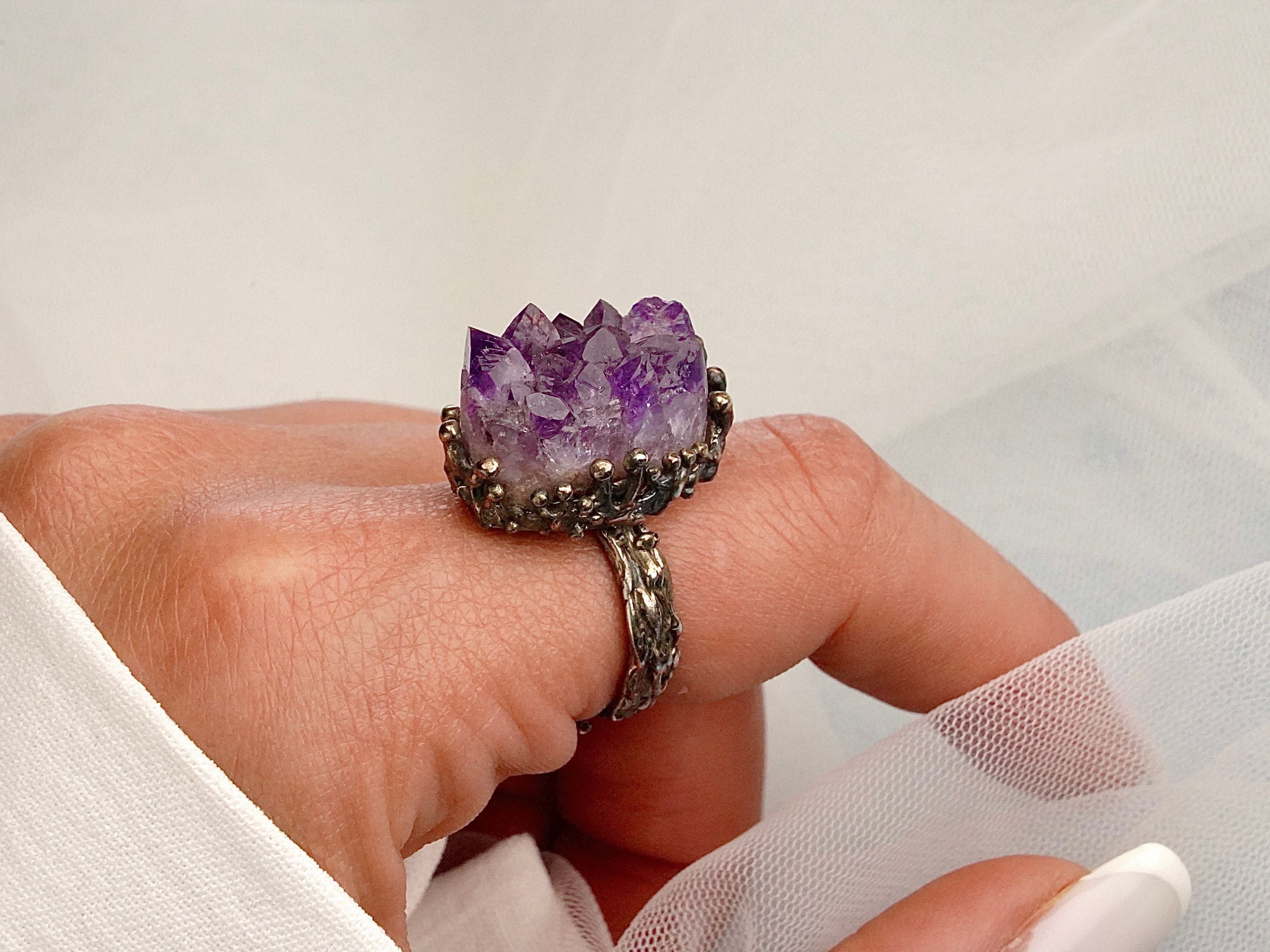 Amethyst adjustable ring on hand size reference raw purple gemstone silver ring bold style