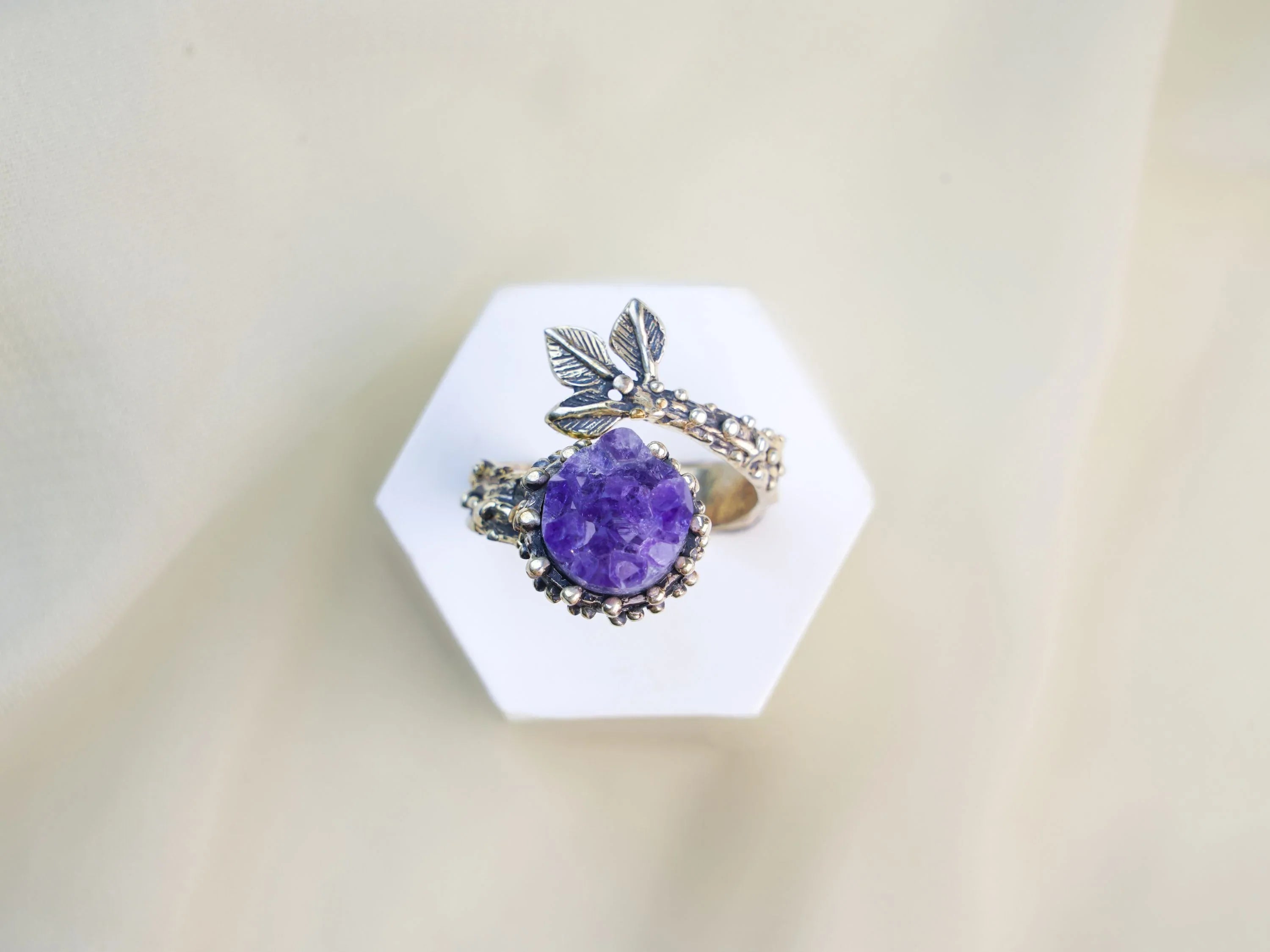 Amethyst ring top view adjustable sterling silver purple gemstone ring