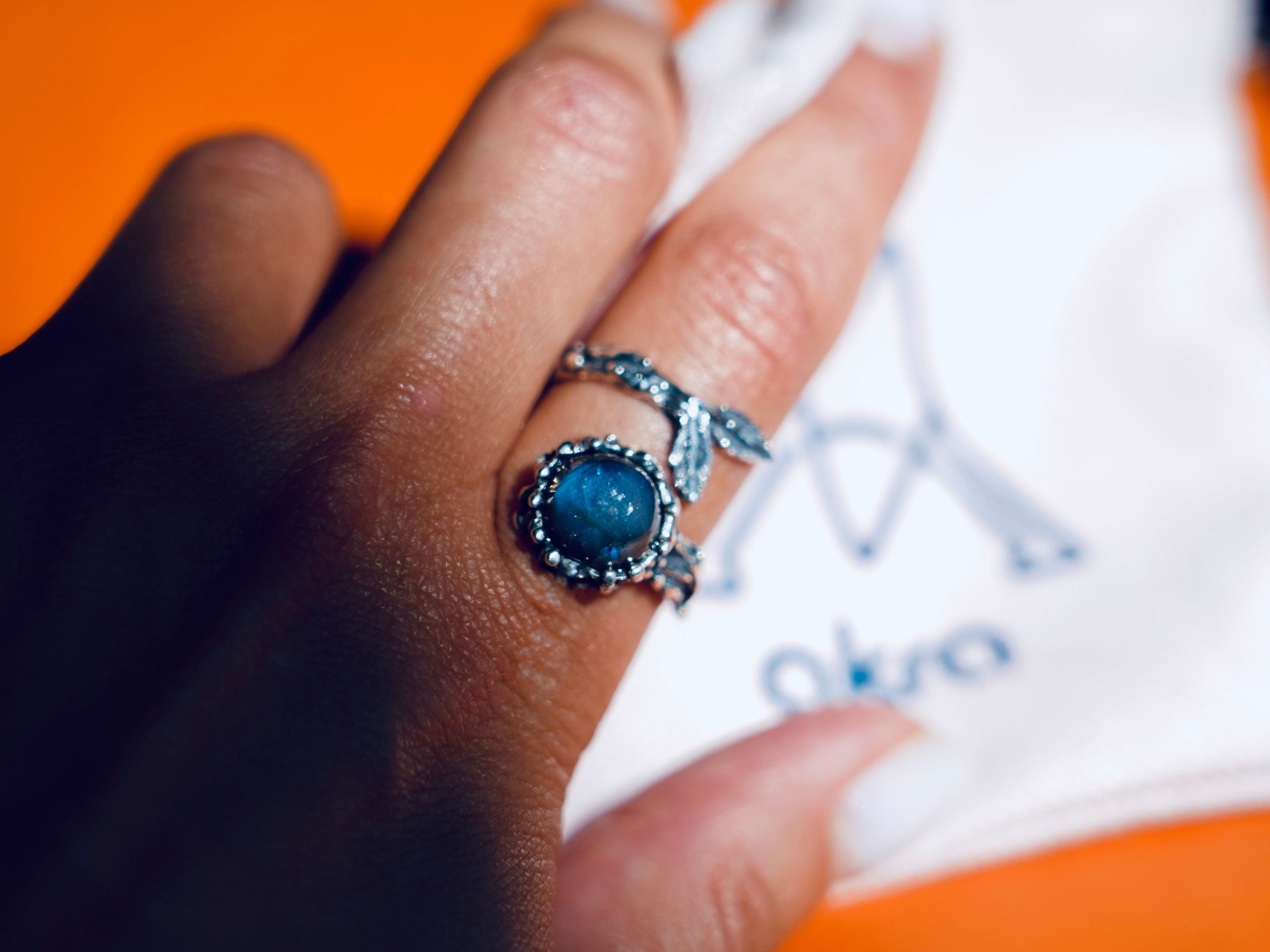Labradorite adjustable ring on hand size reference blue gemstone silver ring minimal style