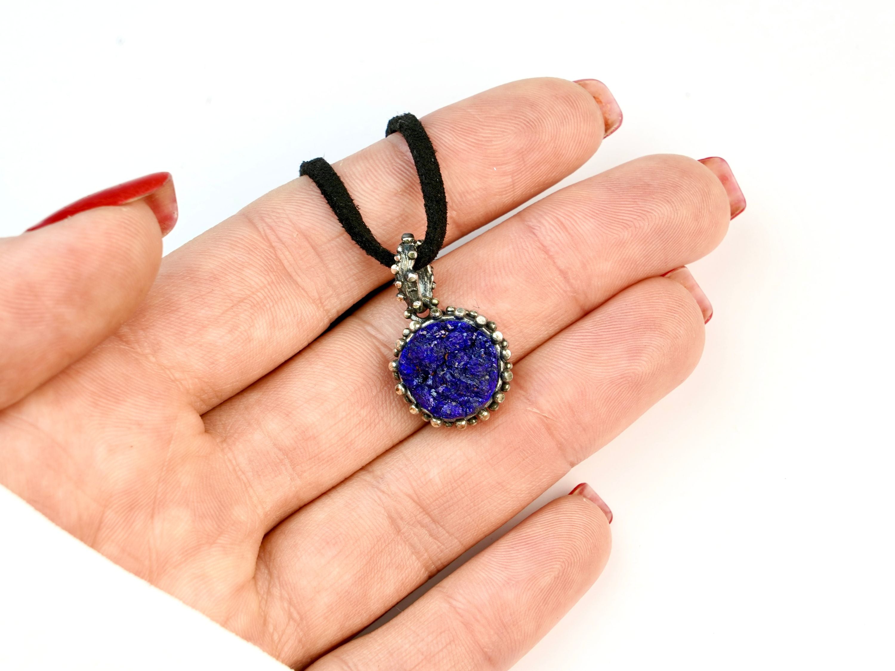 lapis lazuli necklace on hand, size reference elegant blue gemstone jewelry