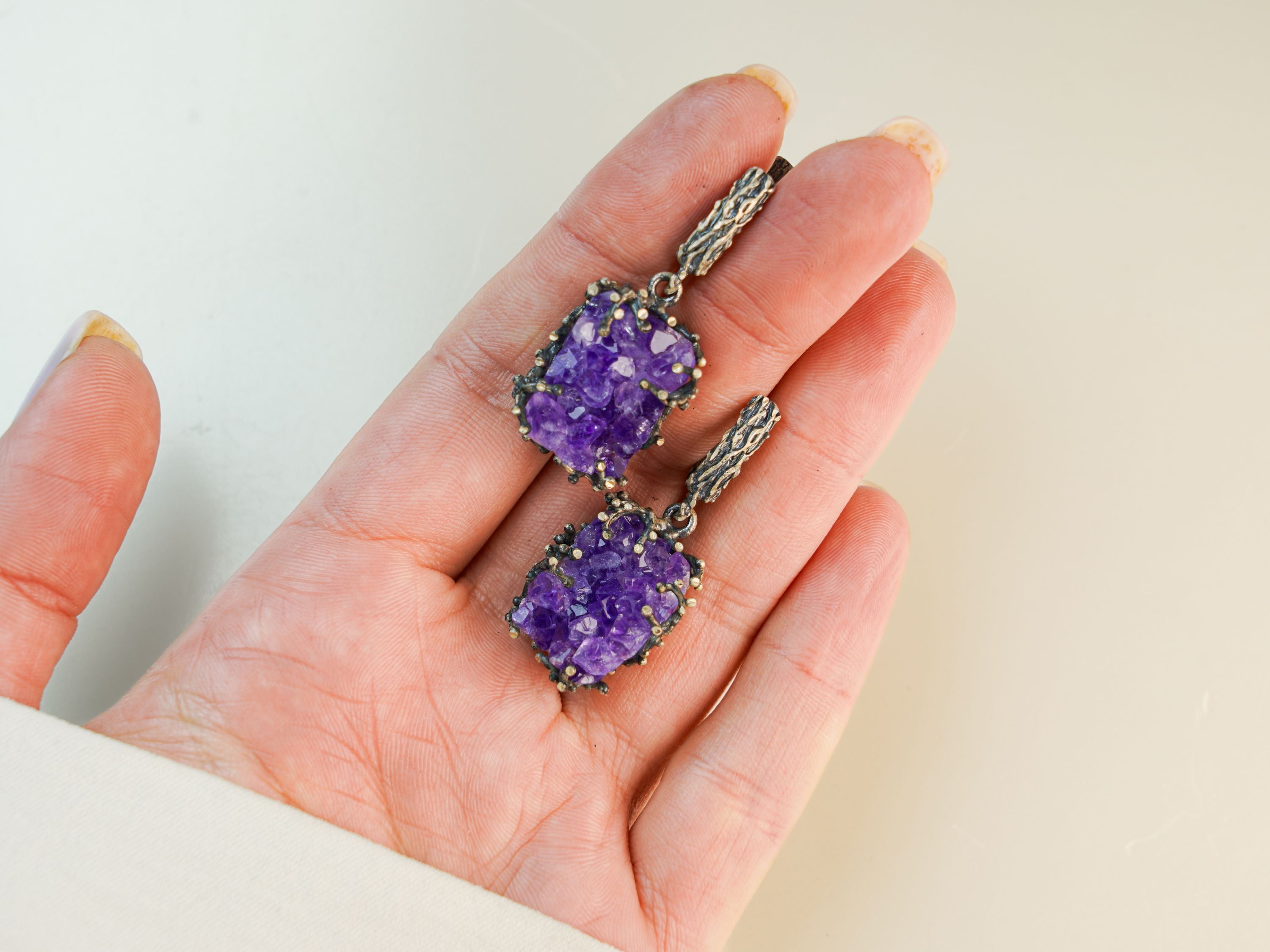 amethyst drop earrings on hand purple gemstone dangle silver earrings