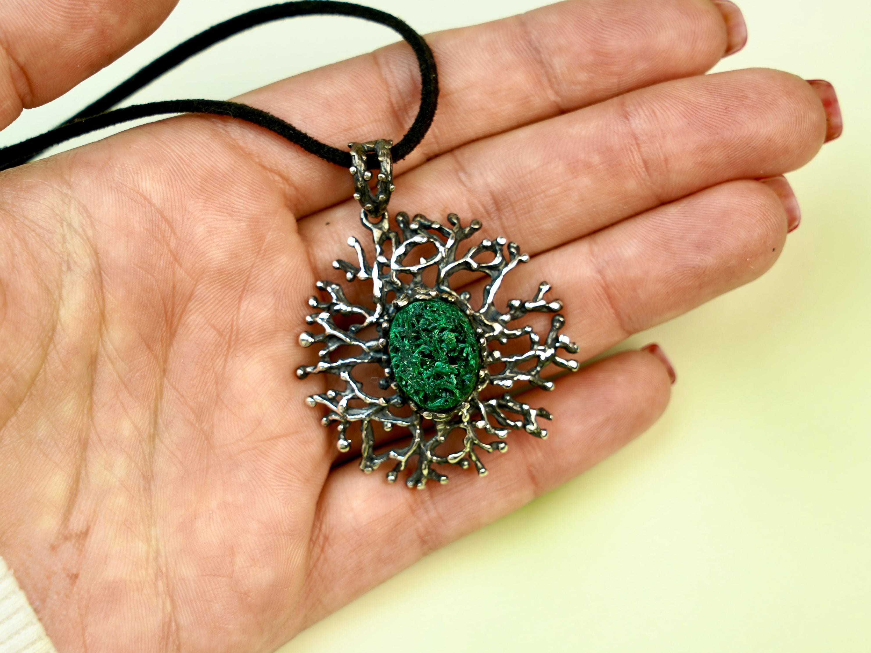 Malachite necklace on hand size reference green gemstone silver pendant natural jewelry