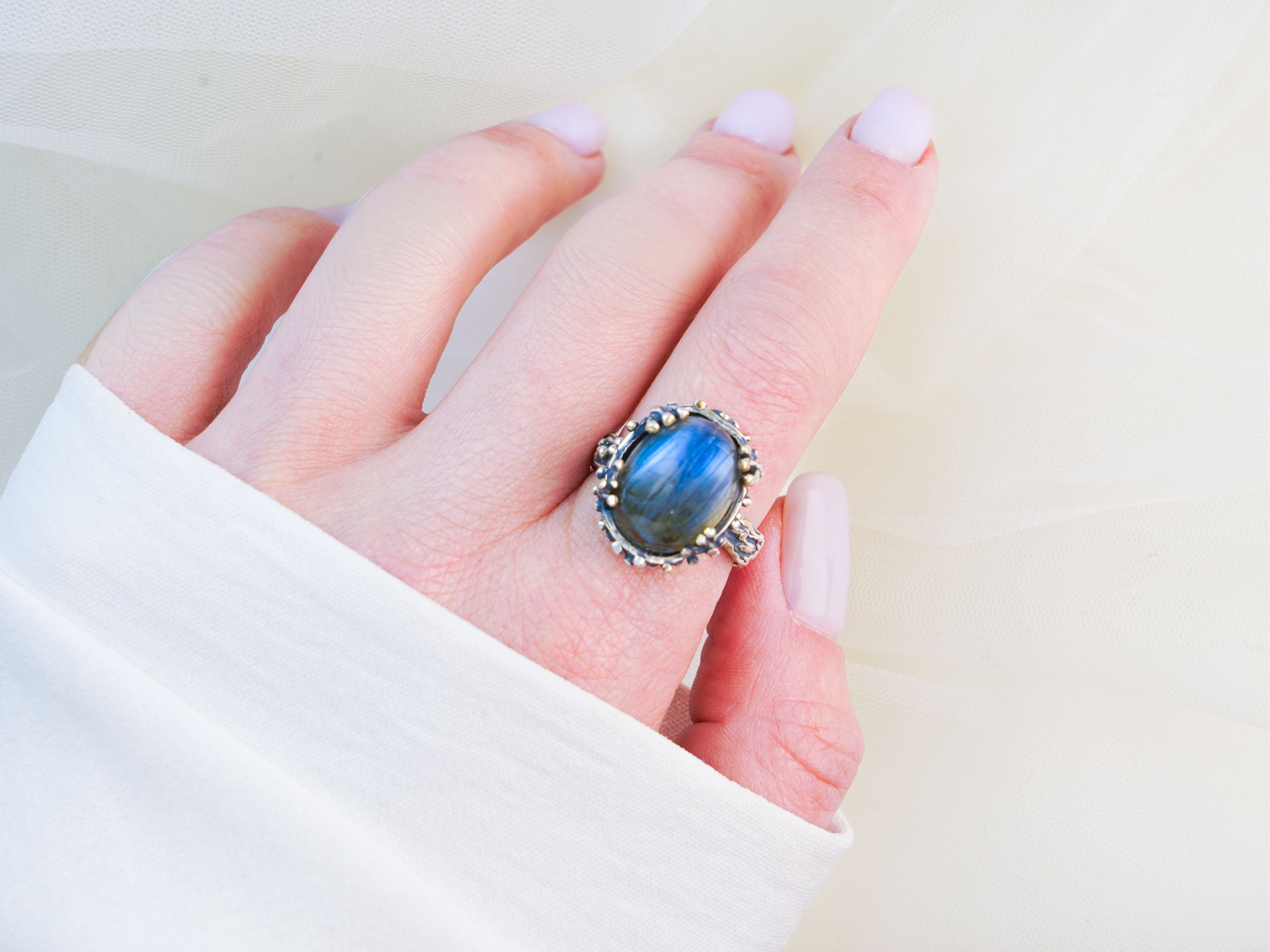 labradorite ring on hand blue flash sterling silver gemstone ring
