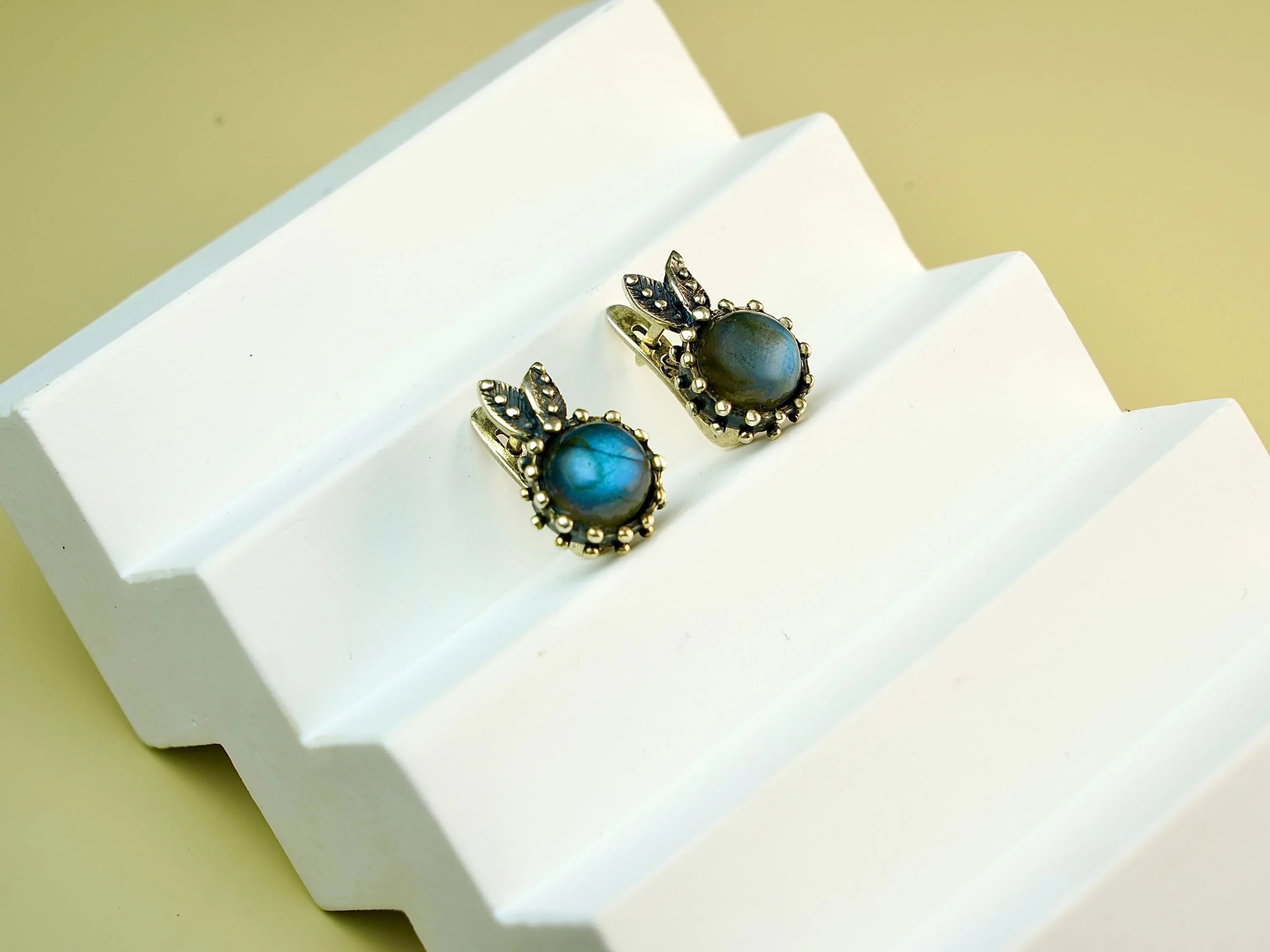 Labradorite earrings on white display stand aesthetic minimalist jewelry styling