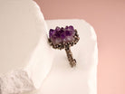 Close up raw amethyst crystal texture purple gemstone detail adjustable sterling silver ring