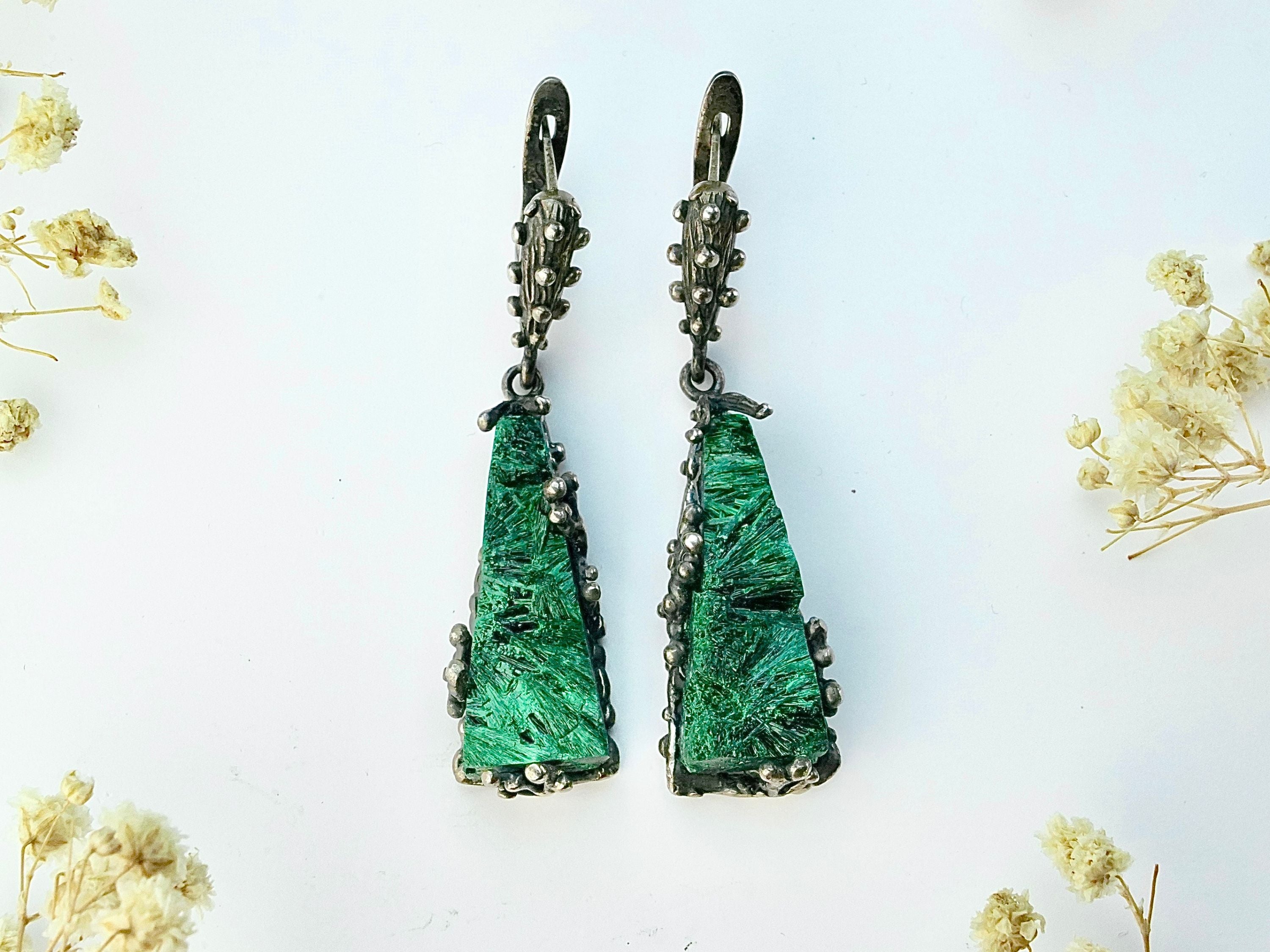 raw malachite texture close up green stone drop earrings sterling silver