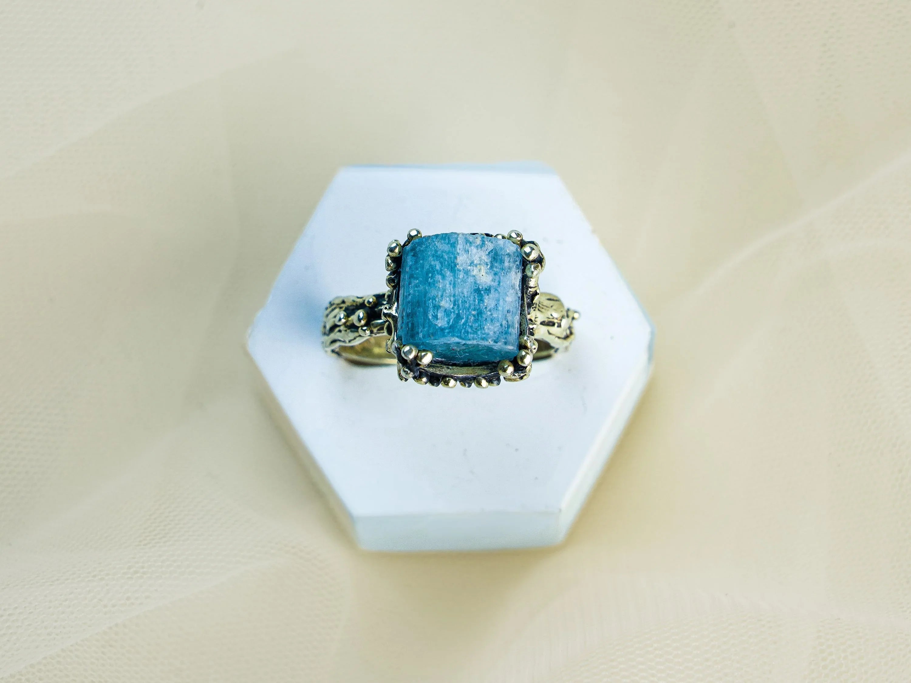 Aquamarine ring top view blue gemstone sterling silver adjustable design