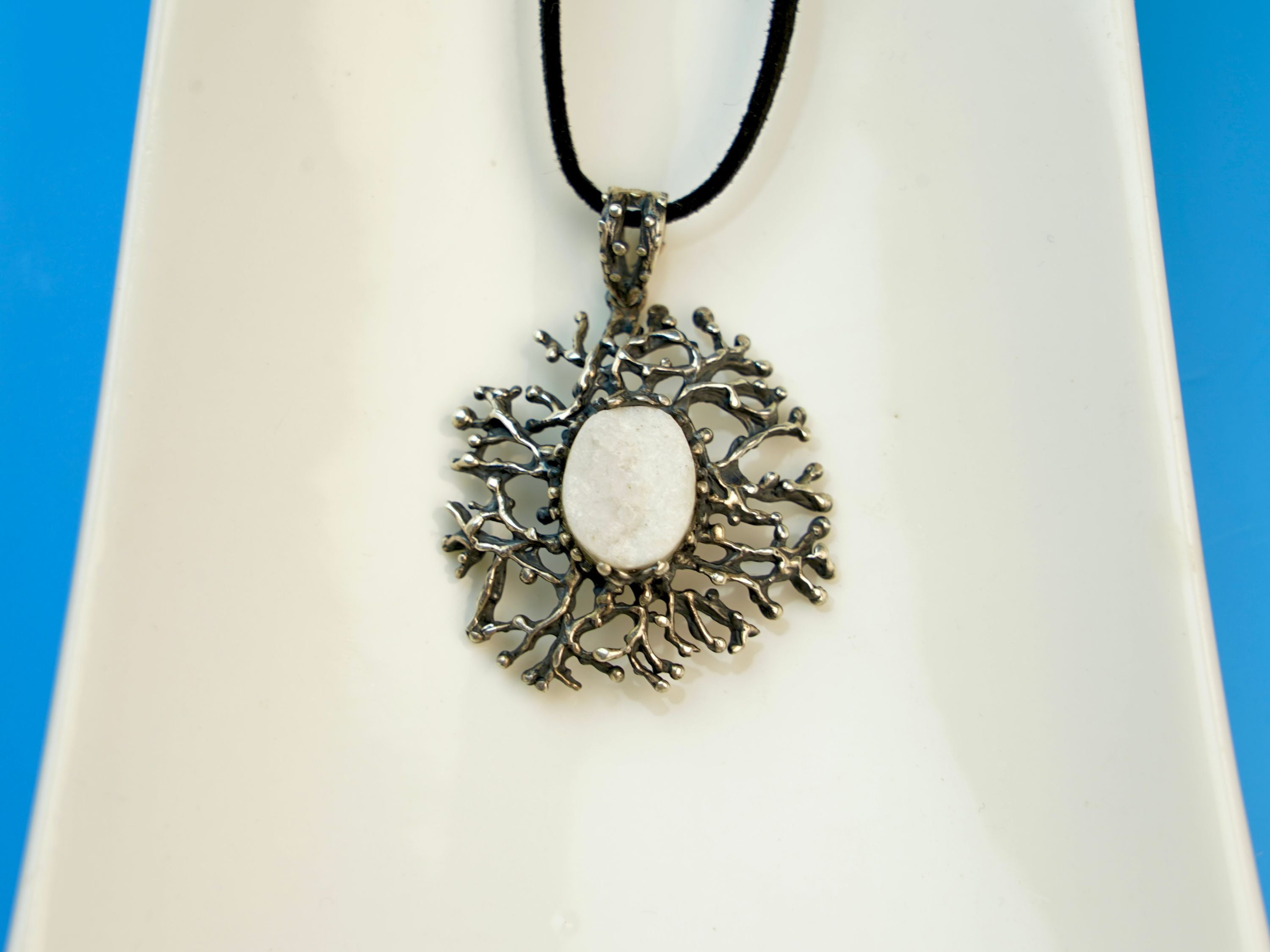 moonstone necklace front view, bold organic silver statement design