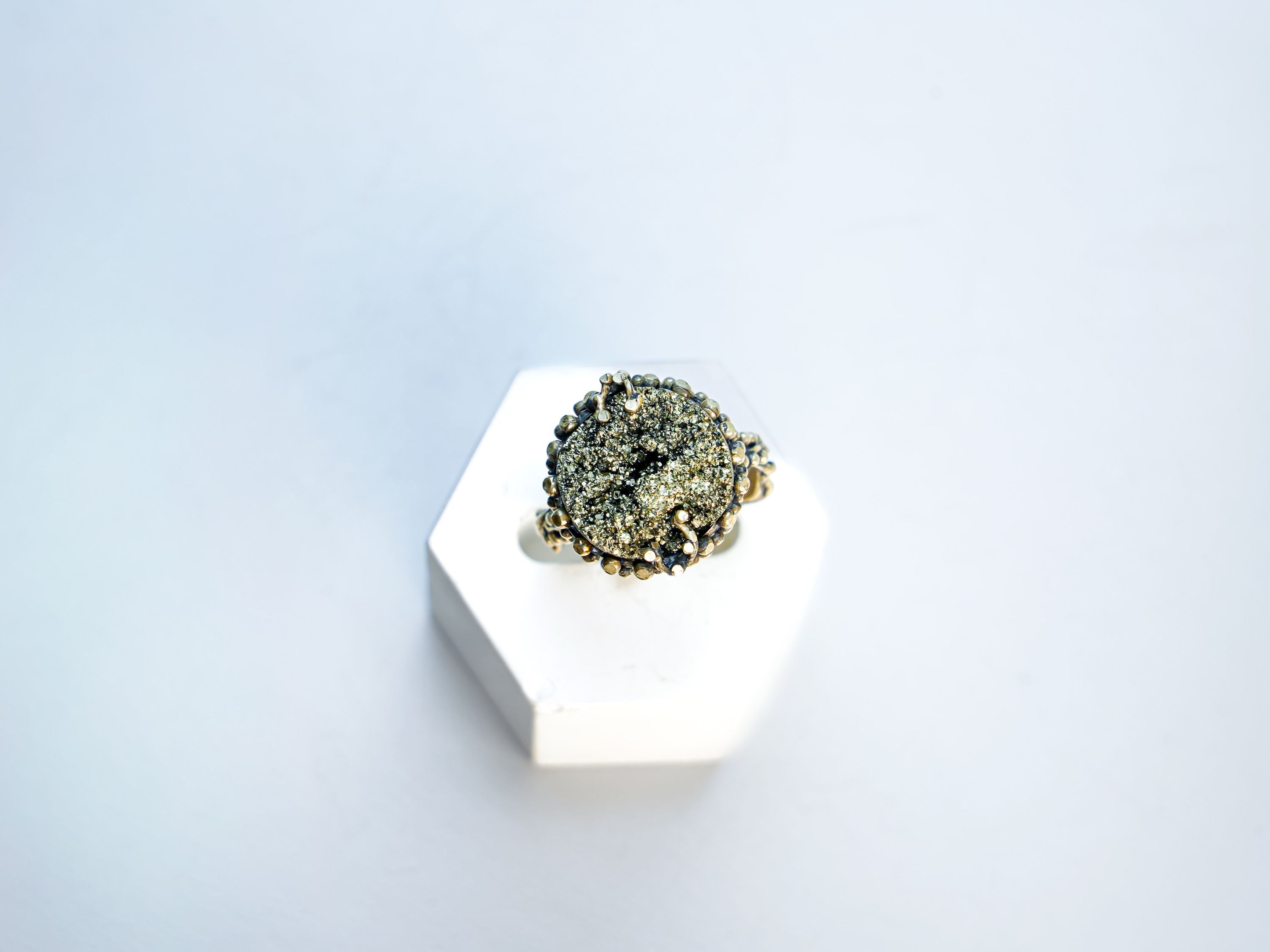 Pyrite ring centered view raw gold stone minimalist sterling silver jewelry