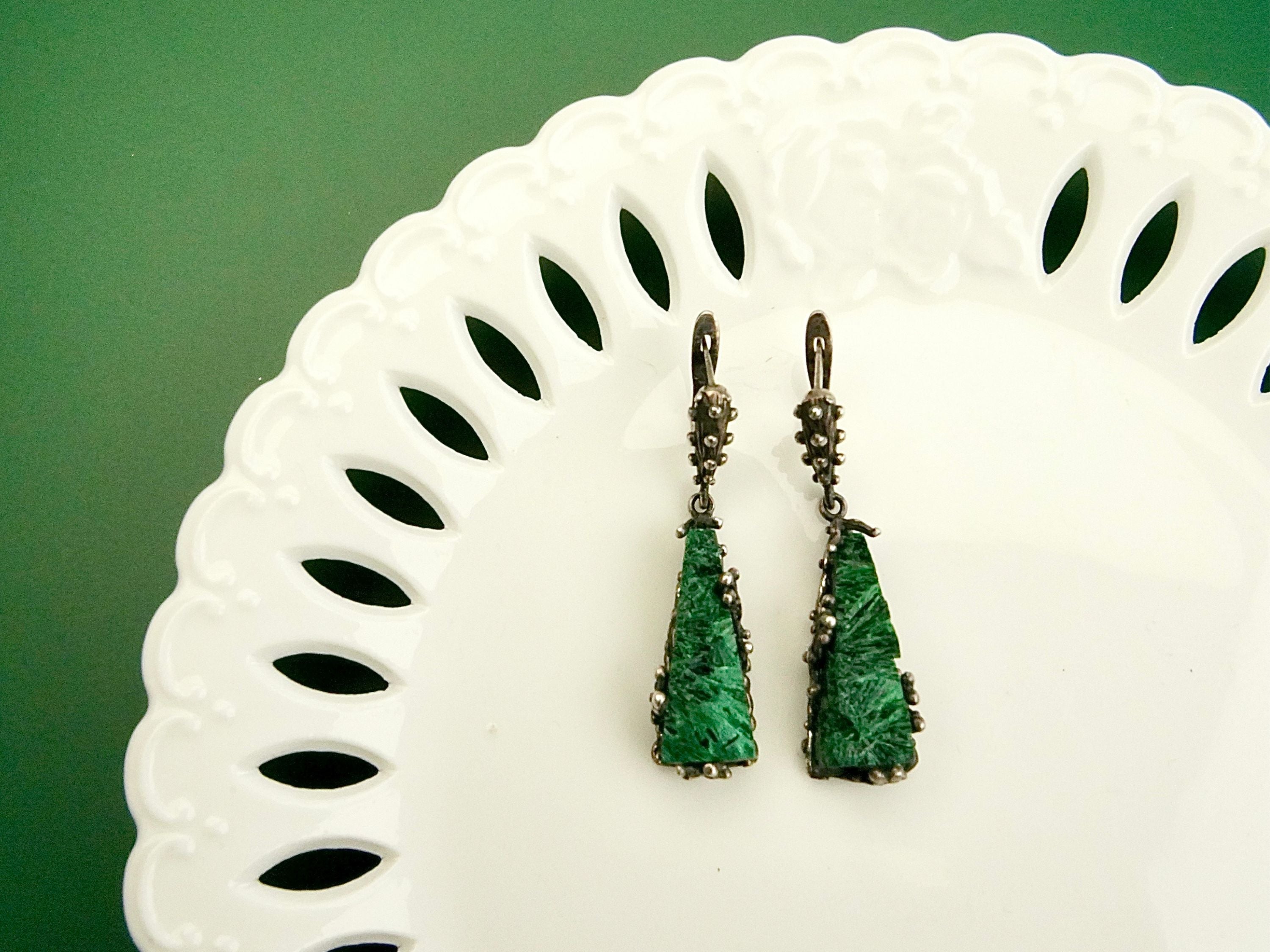 malachite drop earrings clean minimal background long green earrings