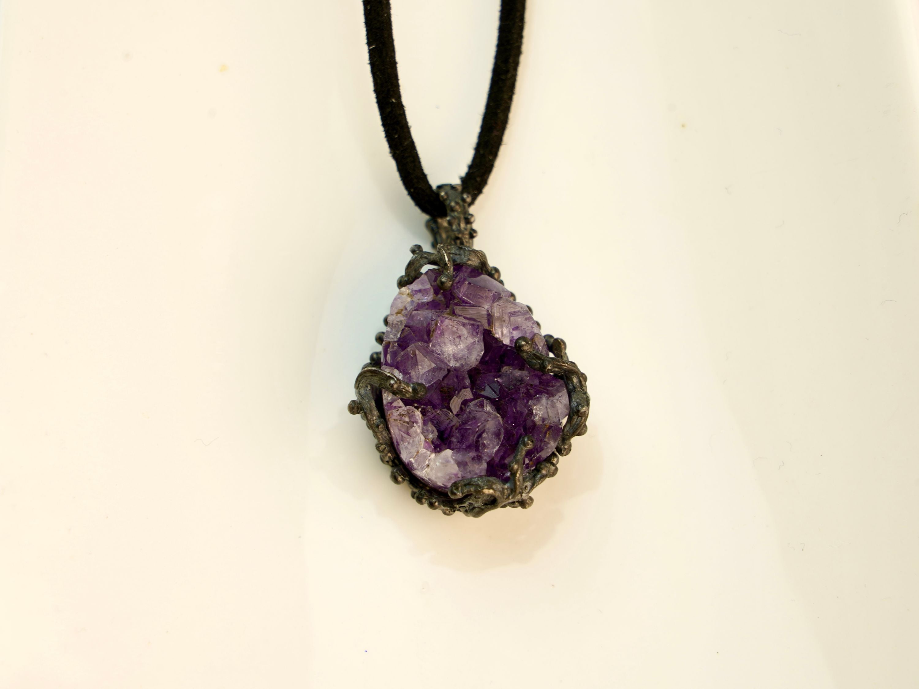 amethyst pendant necklace front view, raw crystal sterling silver design