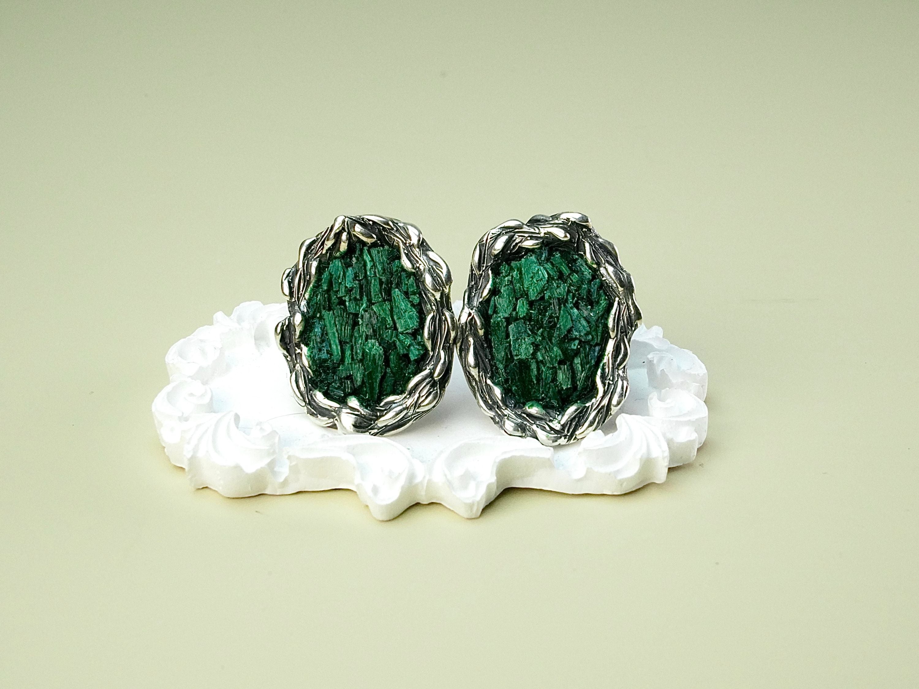 Malachite earrings clean front view green gemstone statement earrings