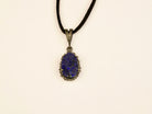lapis lazuli pendant necklace front view, raw crystal silver design
