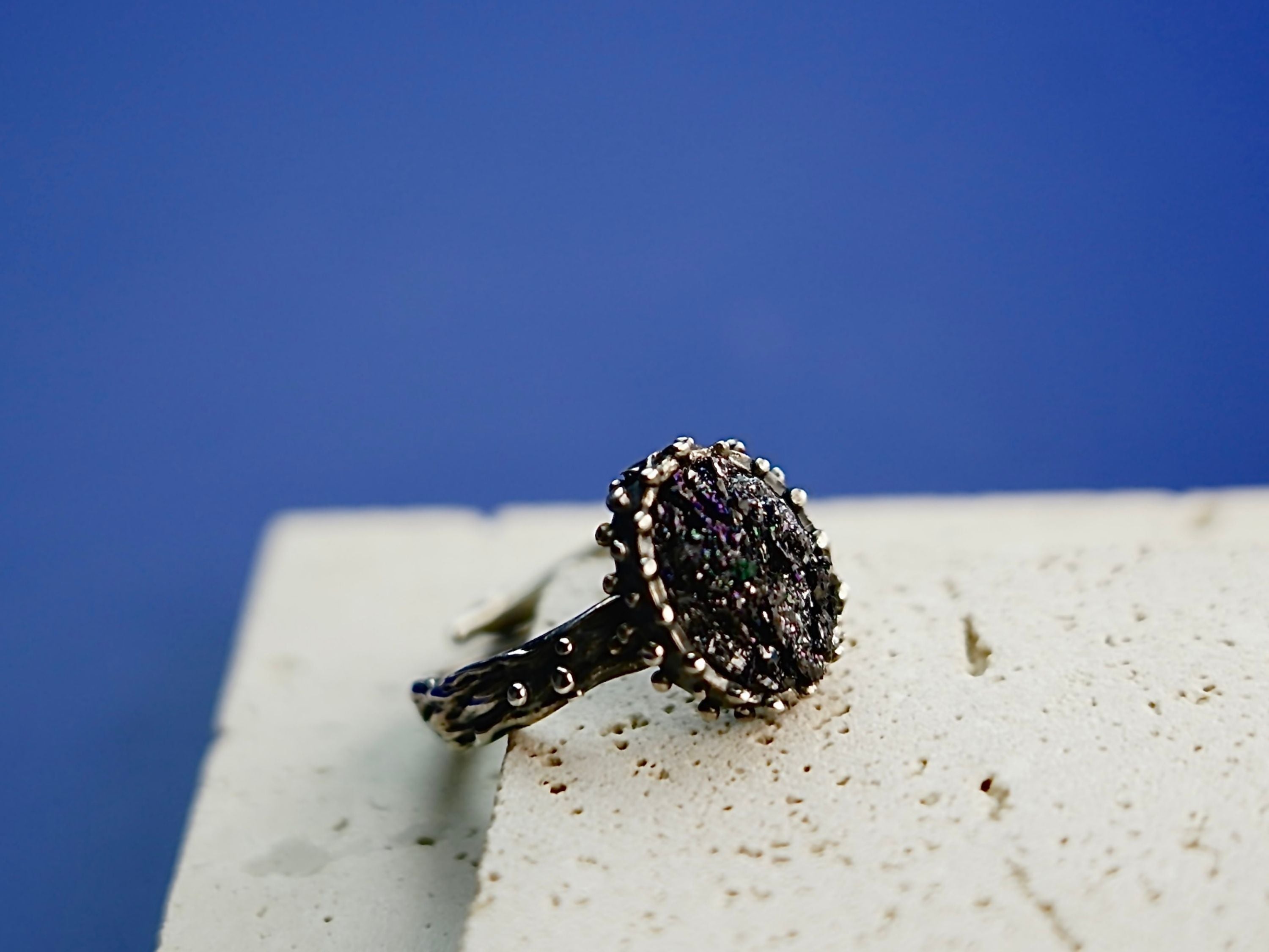 Angle view black tourmaline adjustable ring raw crystal silver design gothic statement jewelry