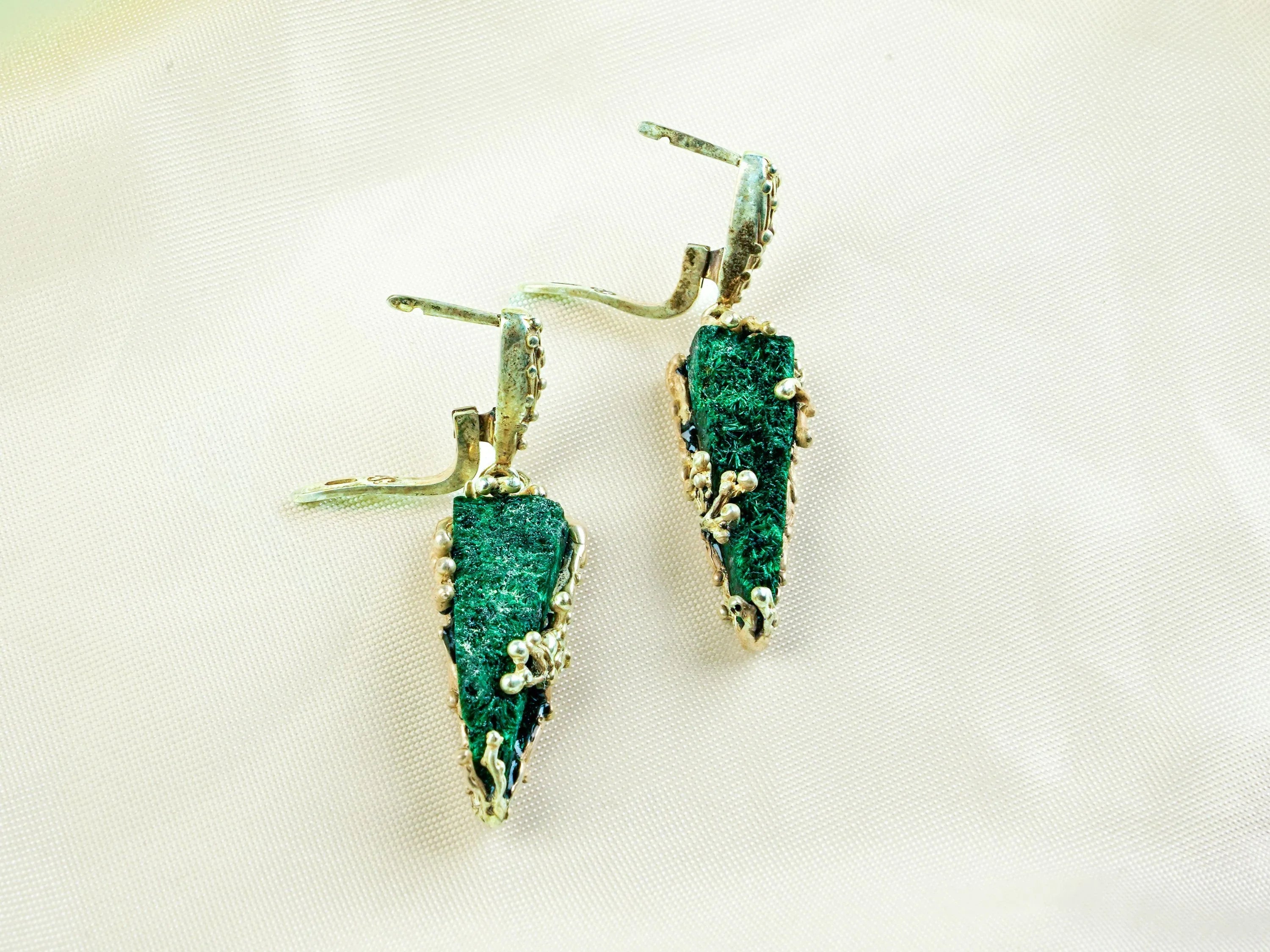 Malachite earrings angled detail green gemstone sterling silver handcrafted