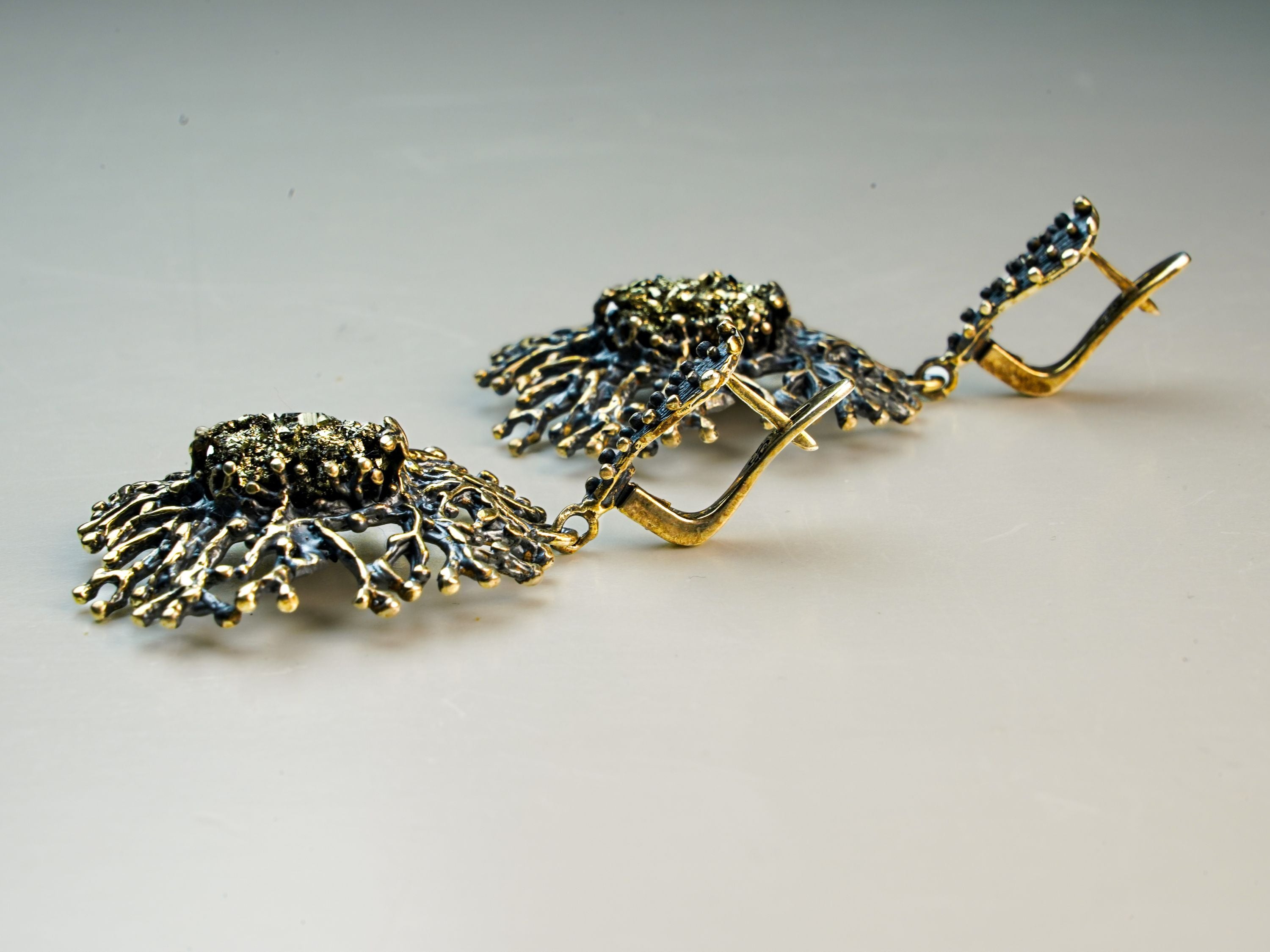 pyrite earrings side view sterling silver handmade statement earrings