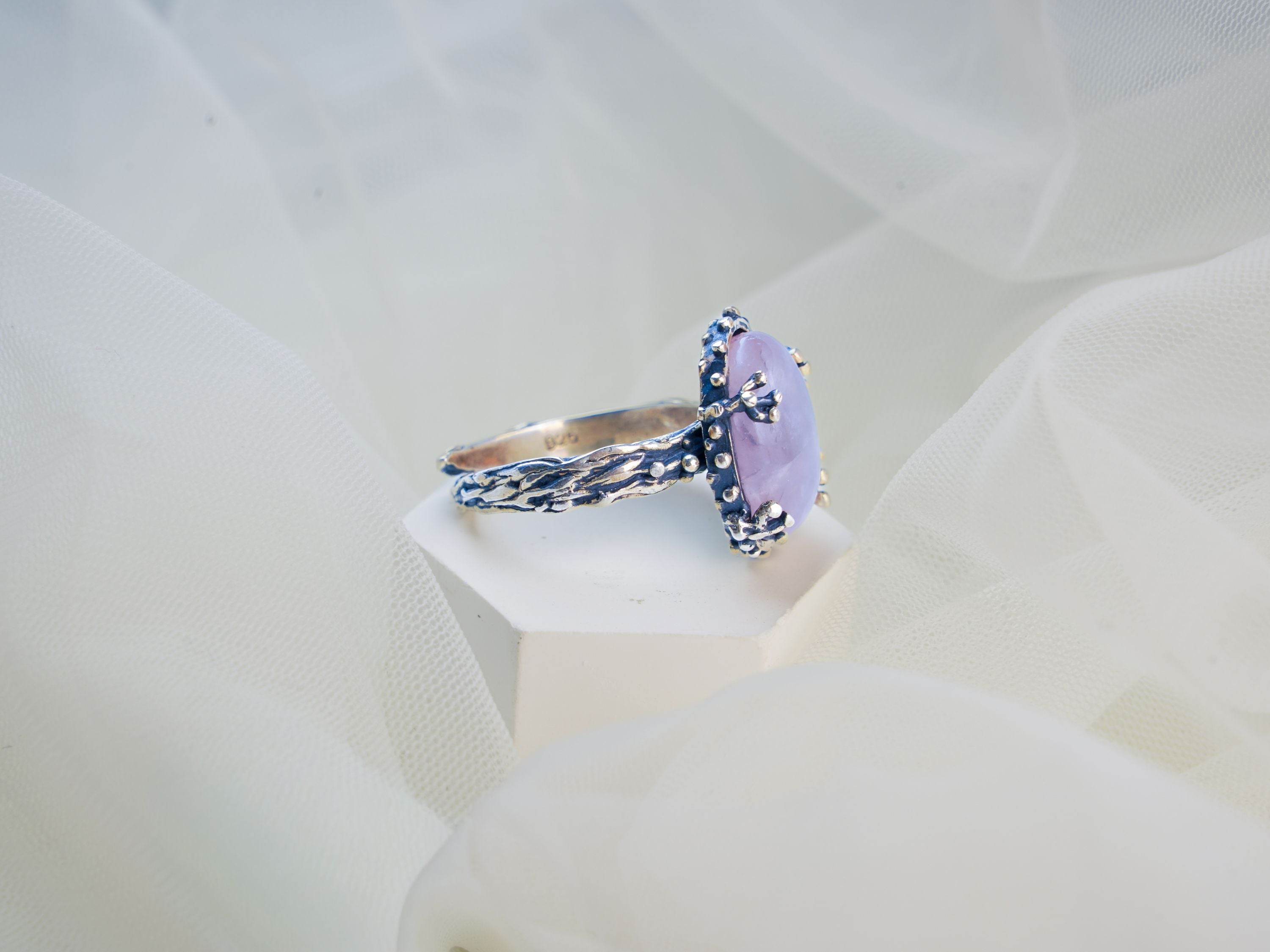 rose quartz ring side view sterling silver band detail gemstone ring