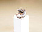 Functional view of the adjustable open-back silver band for a rose quartz statement ring