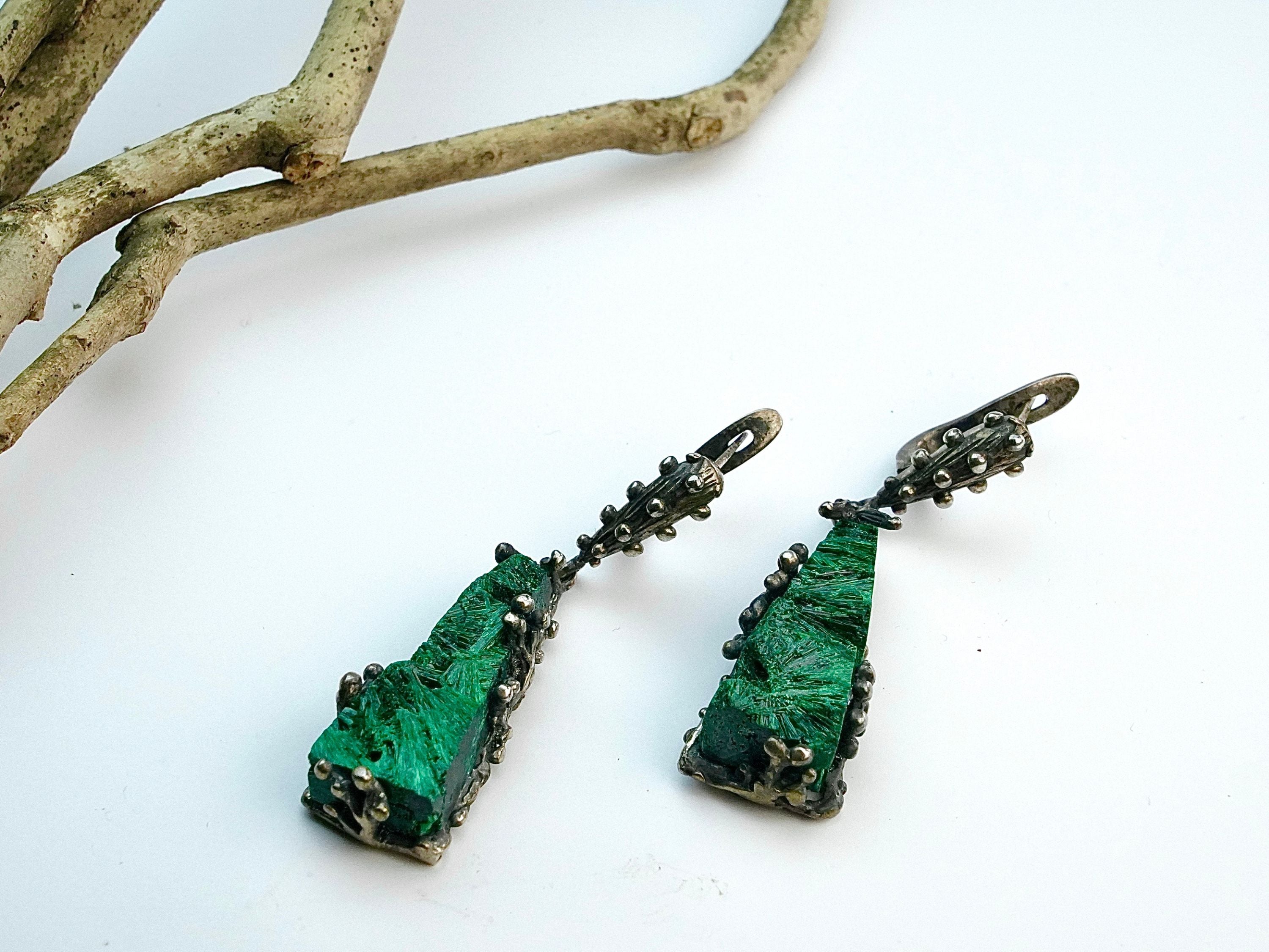angled view malachite dangle earrings elongated green gemstone jewelry