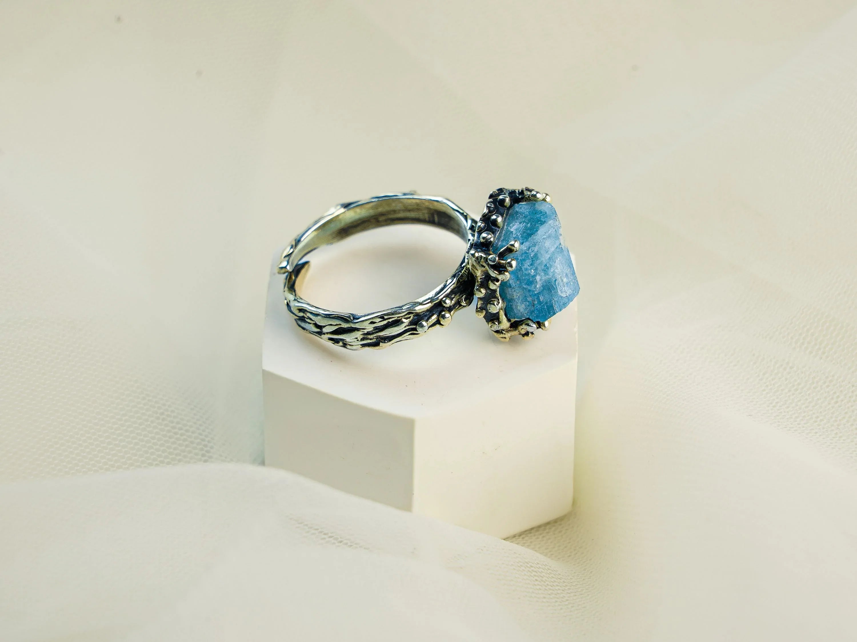 Aquamarine ring side view band detail sterling silver adjustable ring