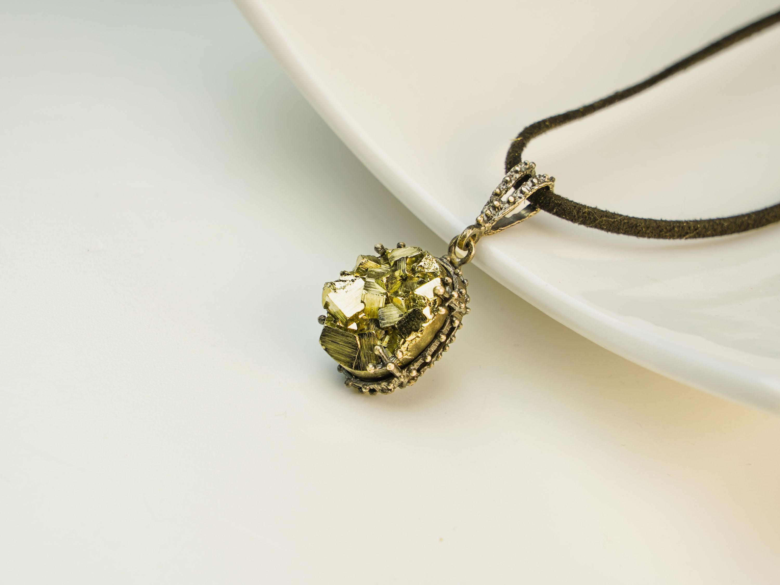 raw pyrite pendant texture gold stone sterling silver necklace