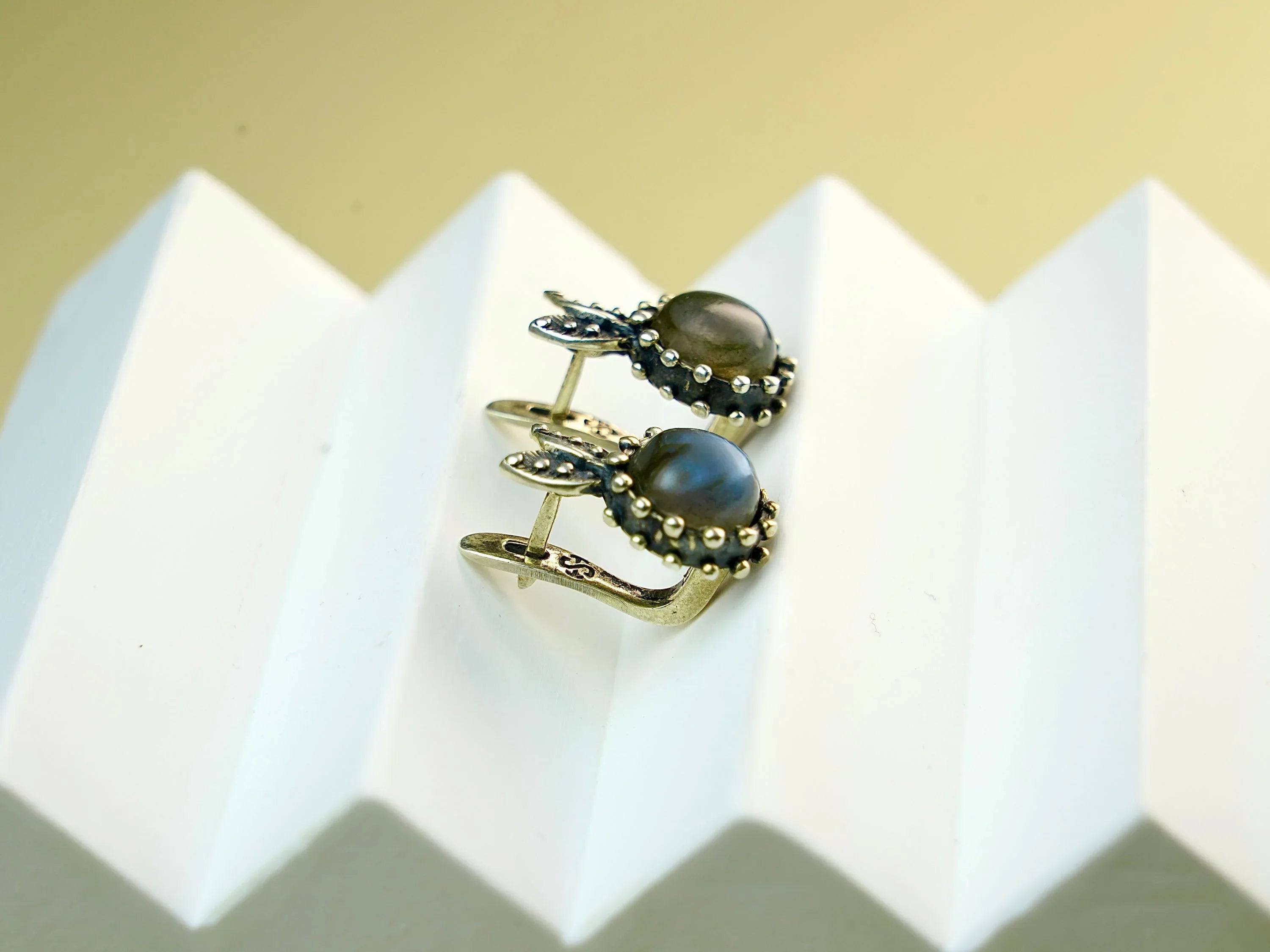Labradorite earrings side angle detail blue flash stone handmade silver jewelry