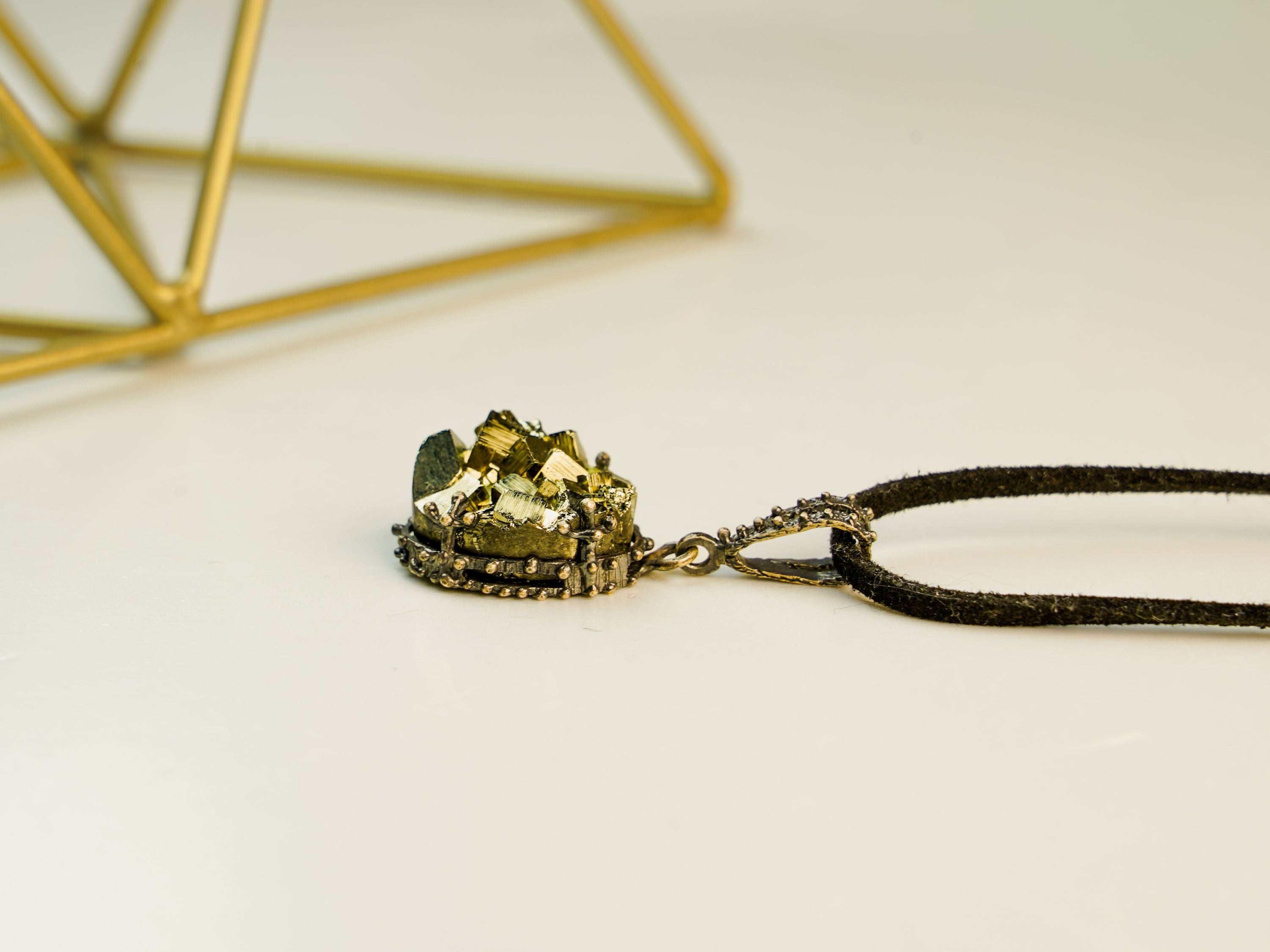 pyrite necklace side view sterling silver pendant handmade jewelry