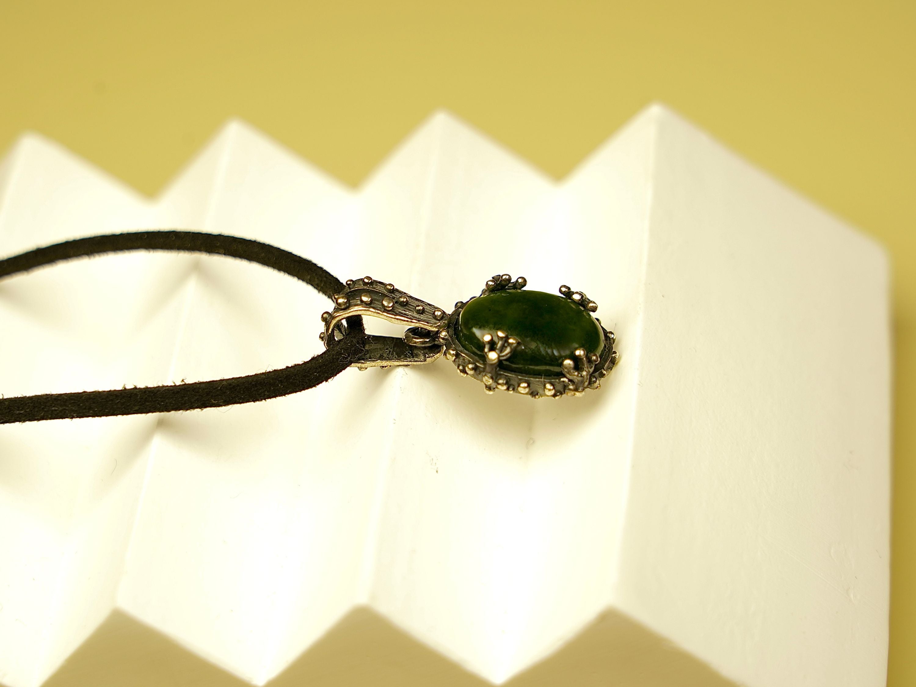 jade necklace side view thickness silver pendant detail
