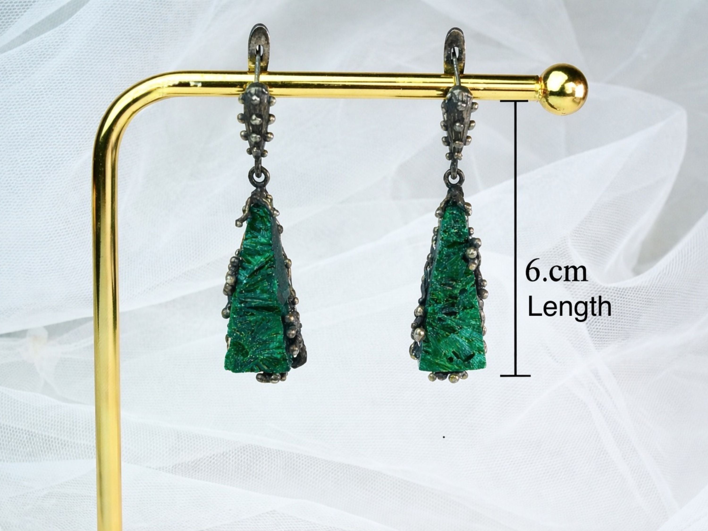 side profile long malachite earrings full length drop earrings view