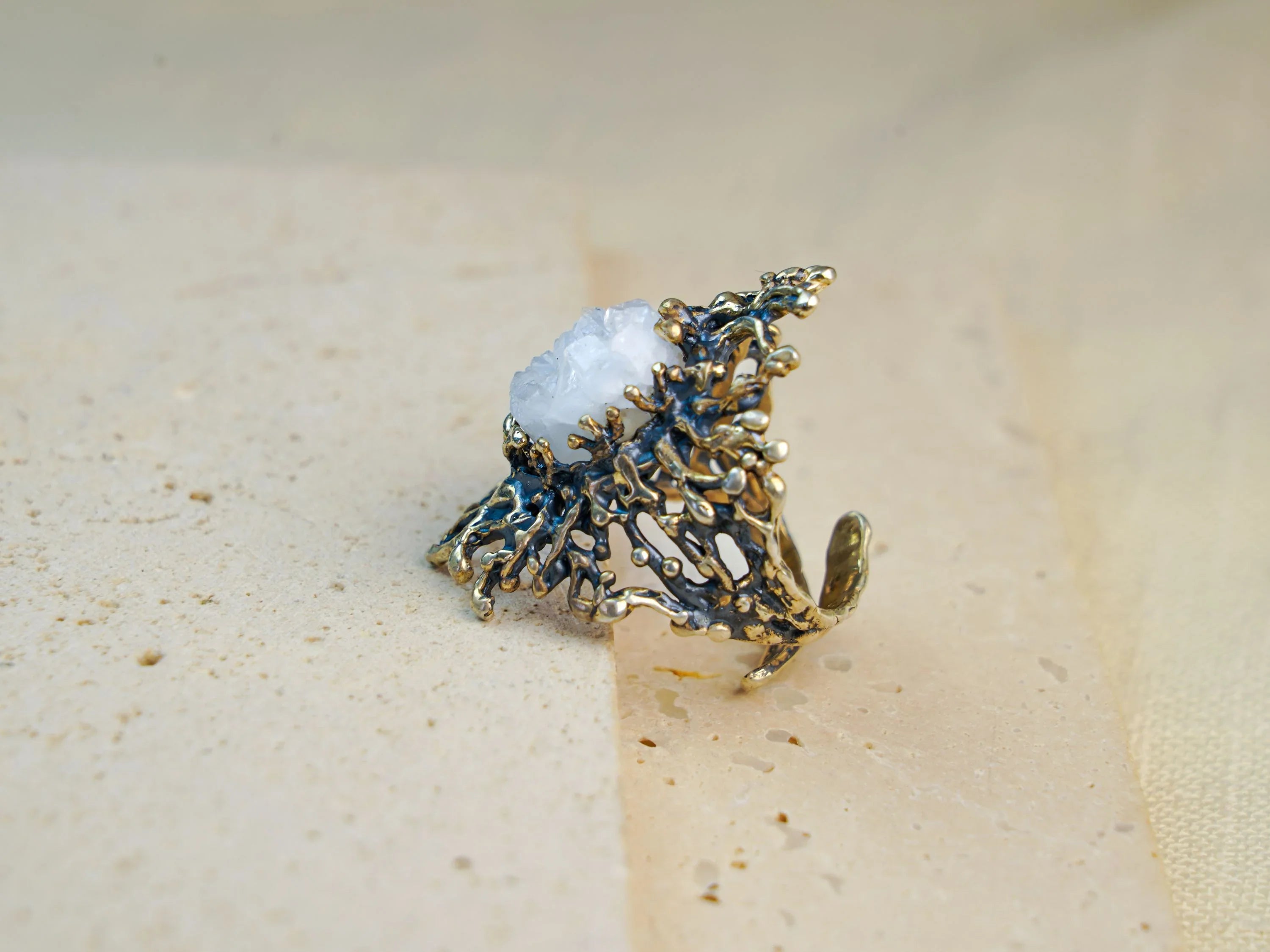 Moonstone ring side view sculptural band sterling silver unique design