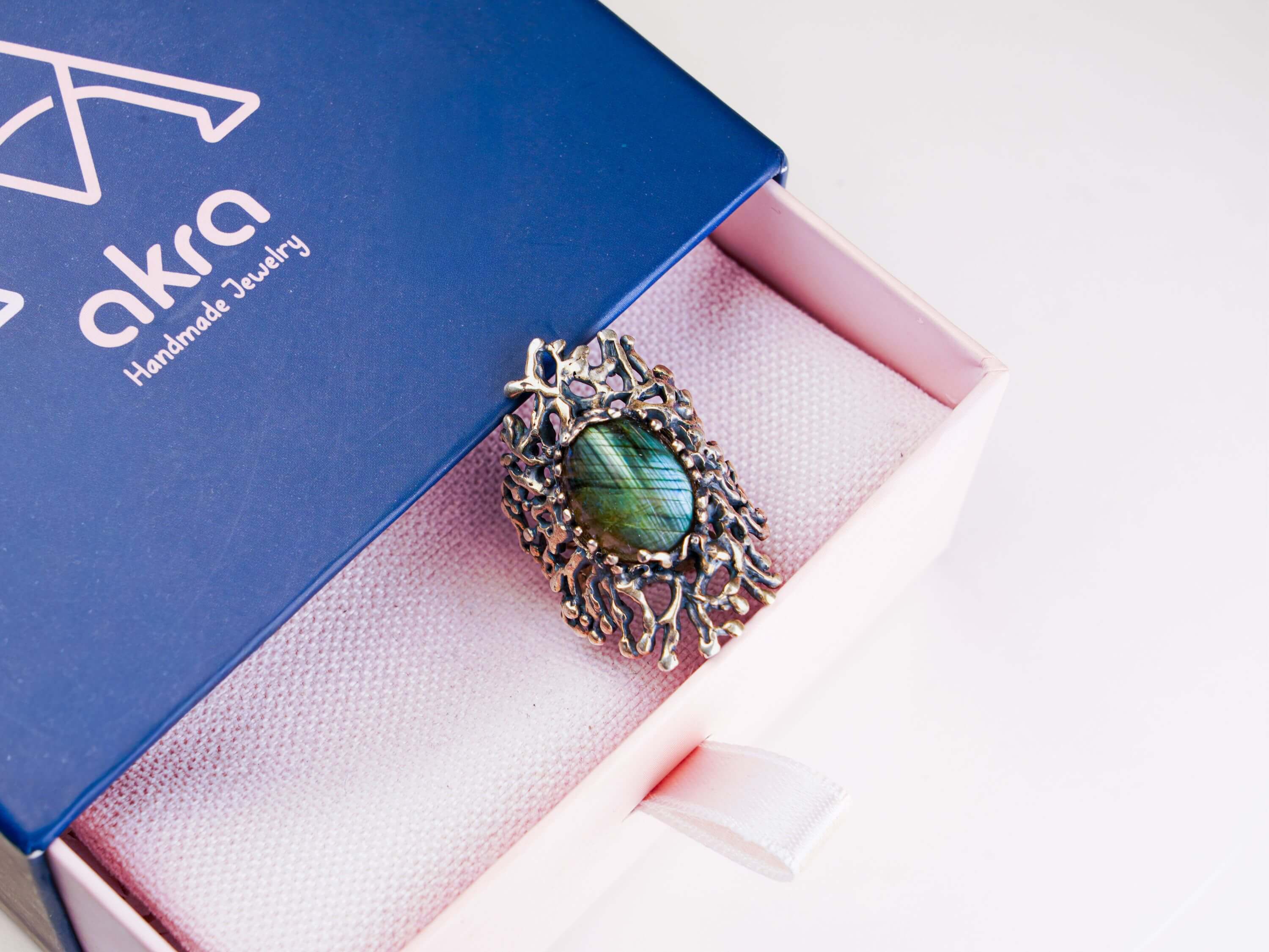 Gothic labradorite jewelry piece presented in Akra Gems signature luxury blue gift box