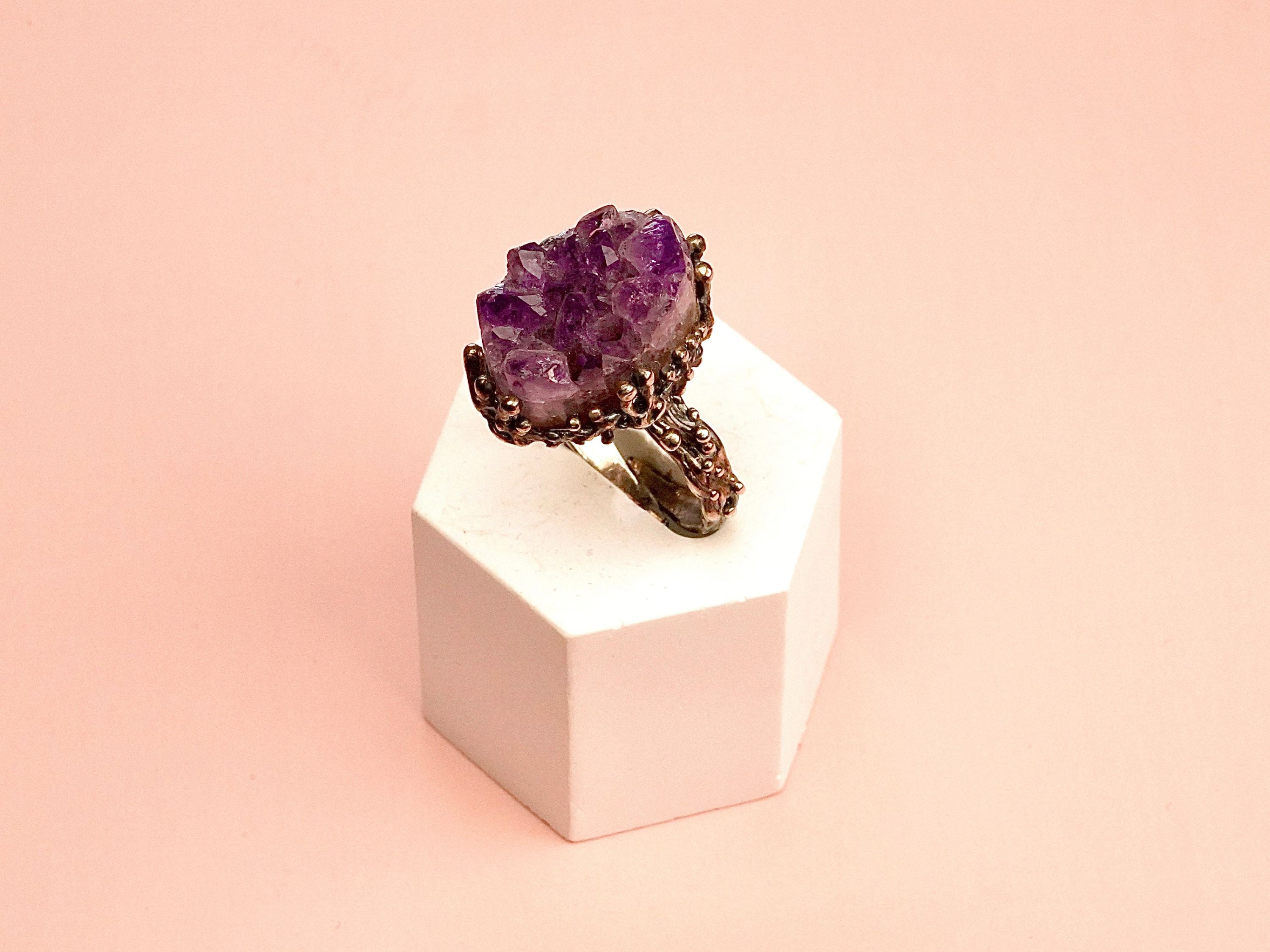 Side profile amethyst ring adjustable band structure sterling silver detail