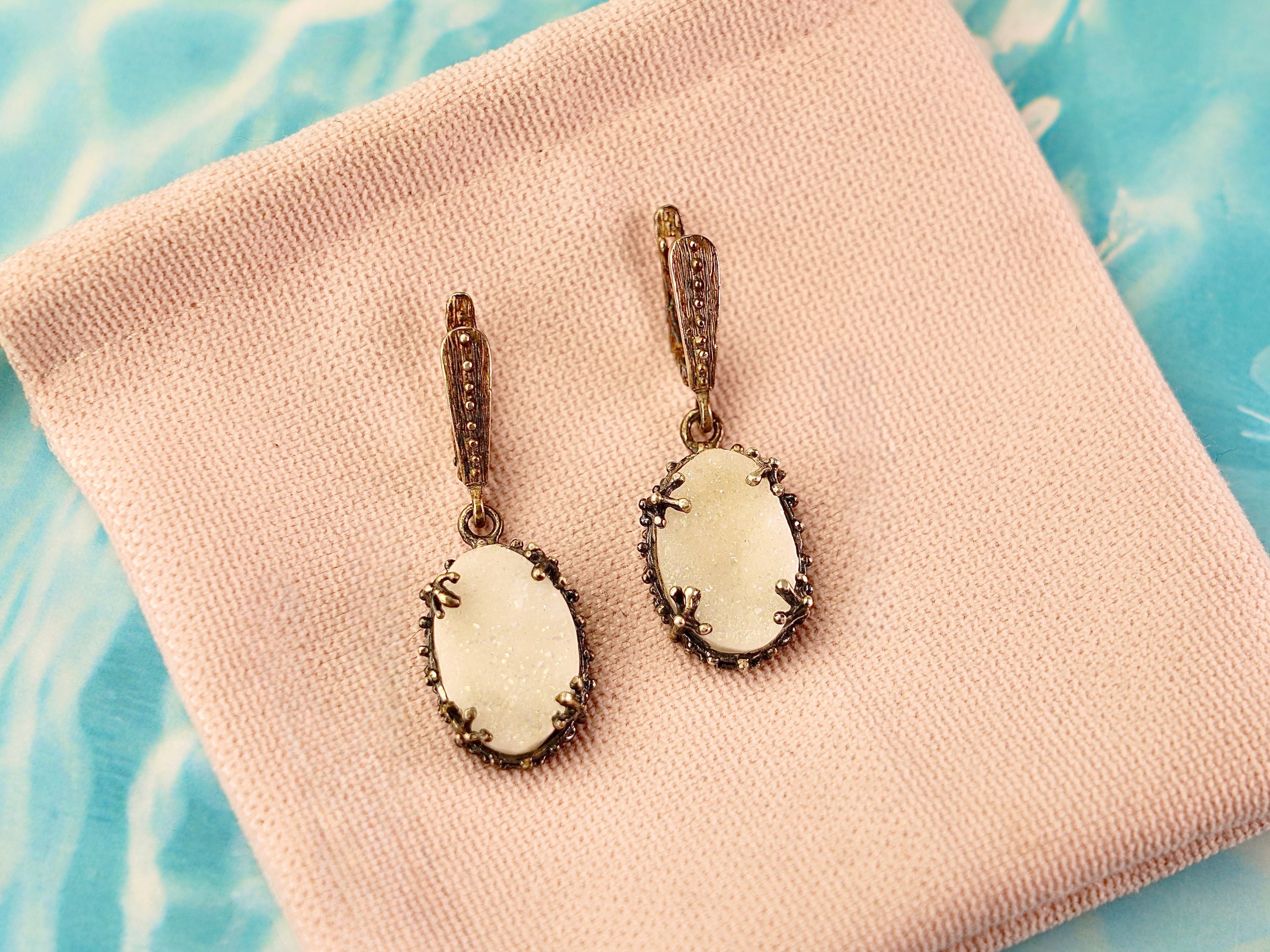 Moonstone drop earrings clean front view white gemstone elegant dangle earrings