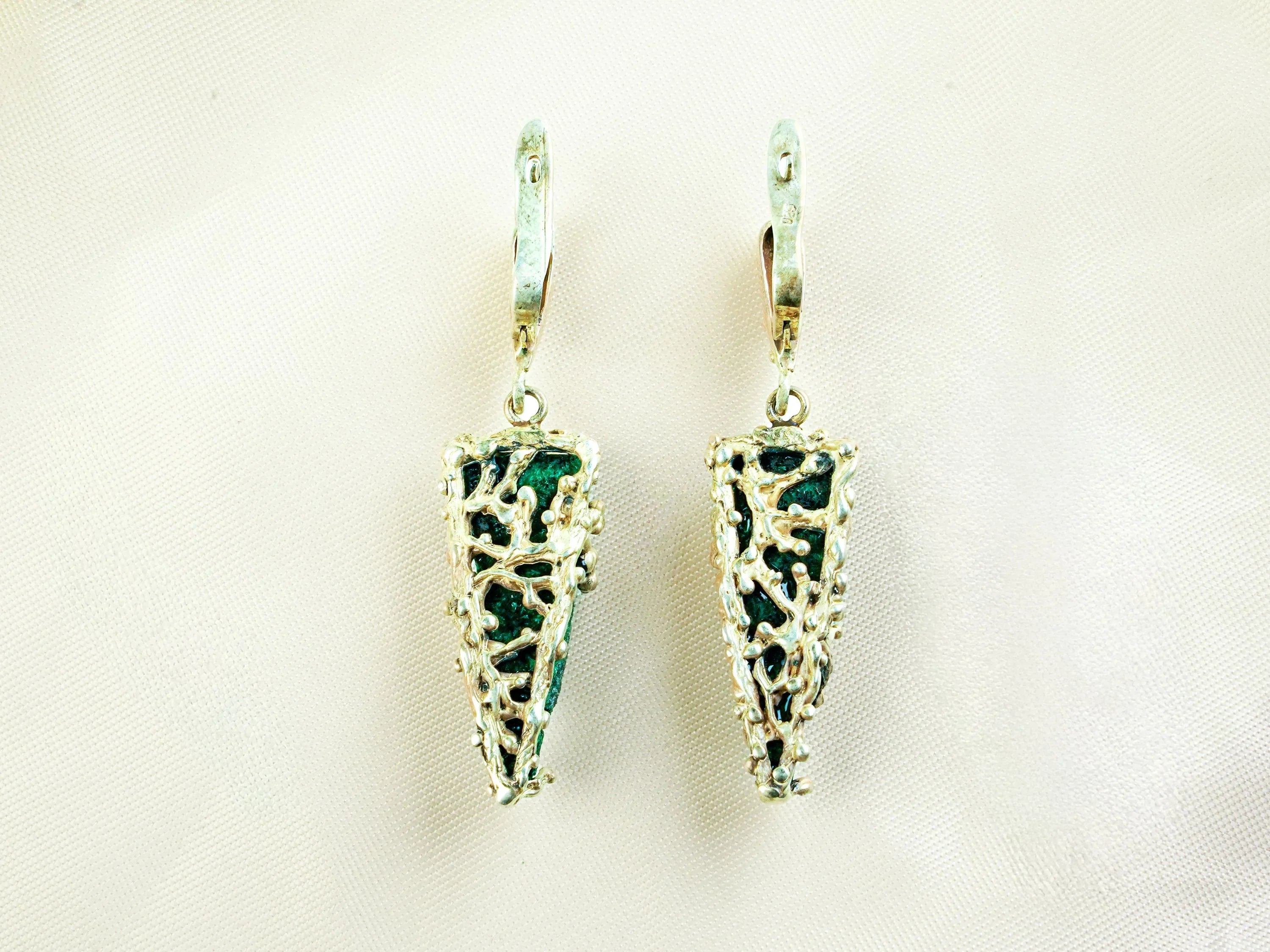 Malachite earrings back view sterling silver design detail leverback closure