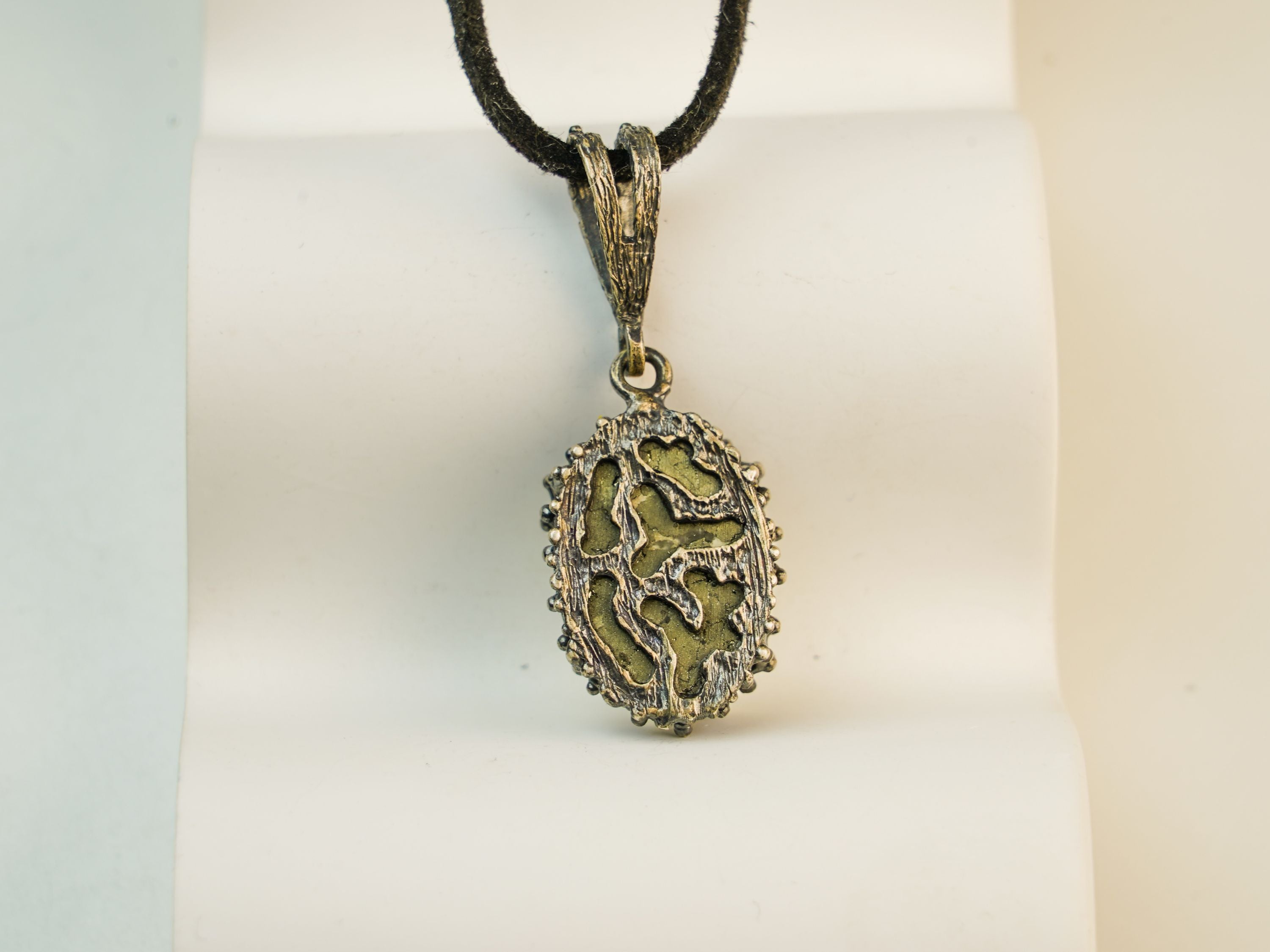 pyrite pendant backside detail sterling silver handmade necklace