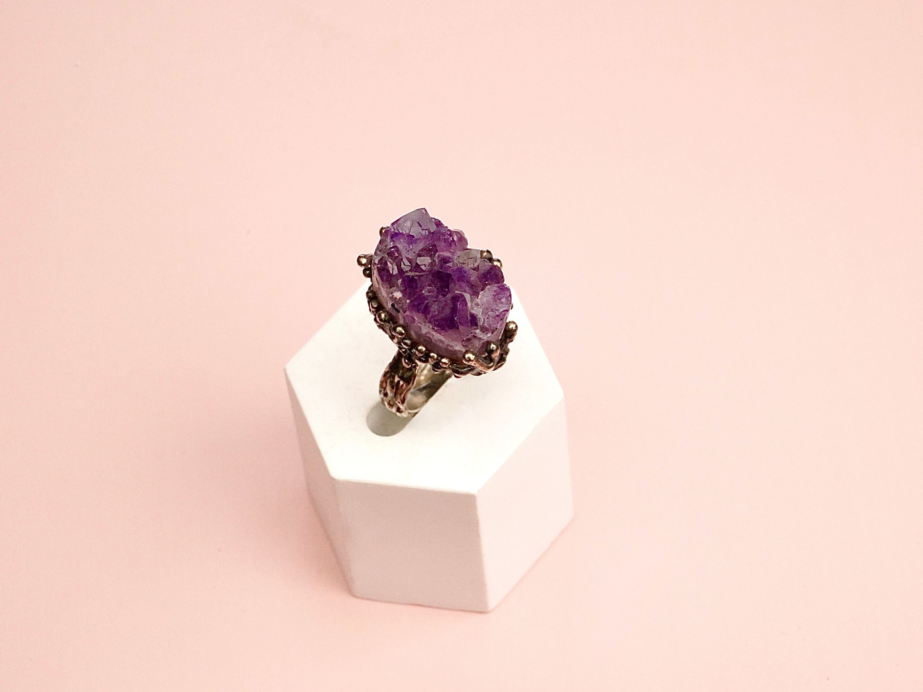 Alternative close up raw amethyst crystal variation purple stone macro detail adjustable ring