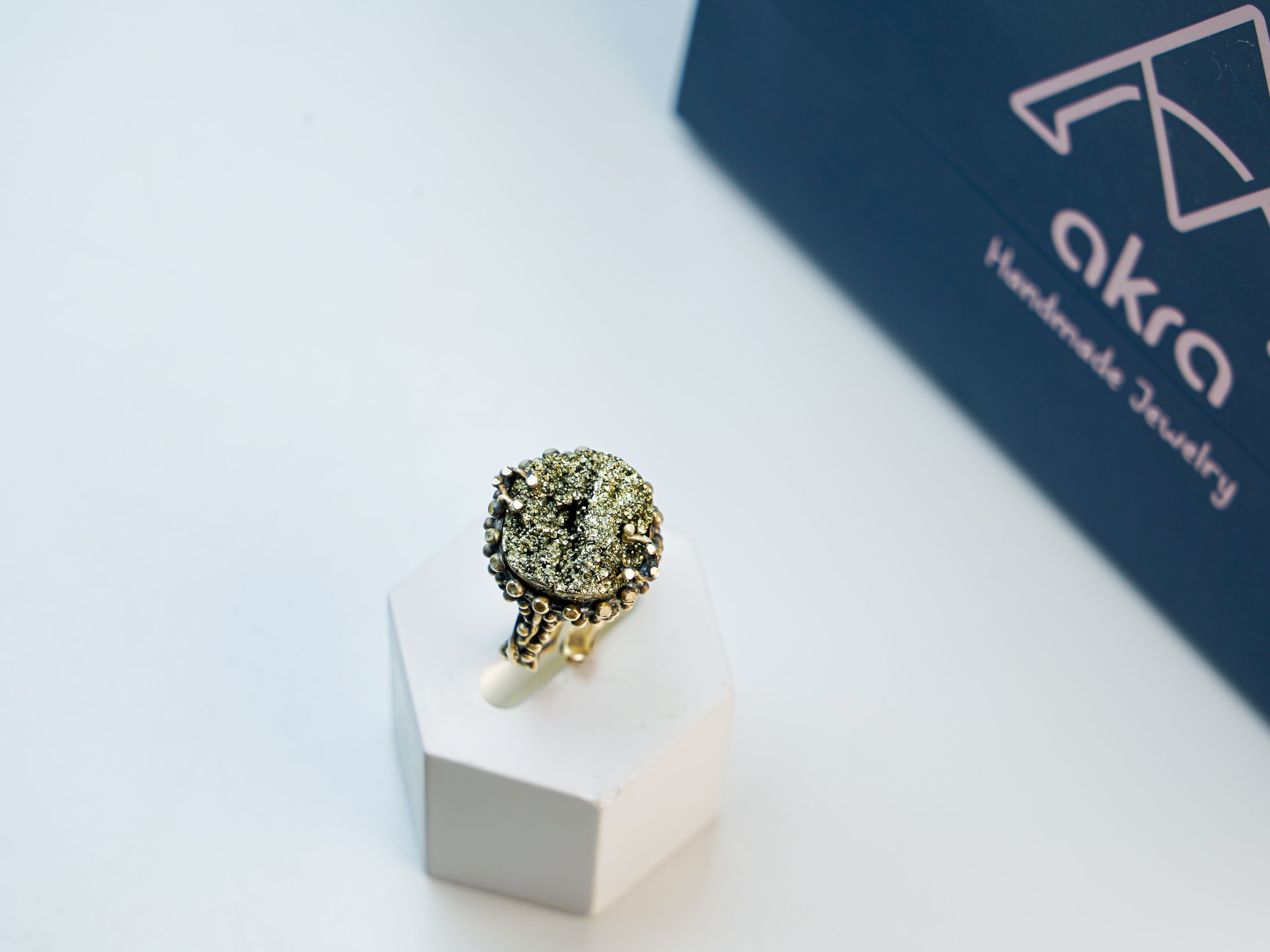 Pyrite ring artistic display raw gold metallic stone unique statement jewelry
