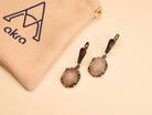 rose quartz earrings detail view, polished pink stone and silver craftsmanship