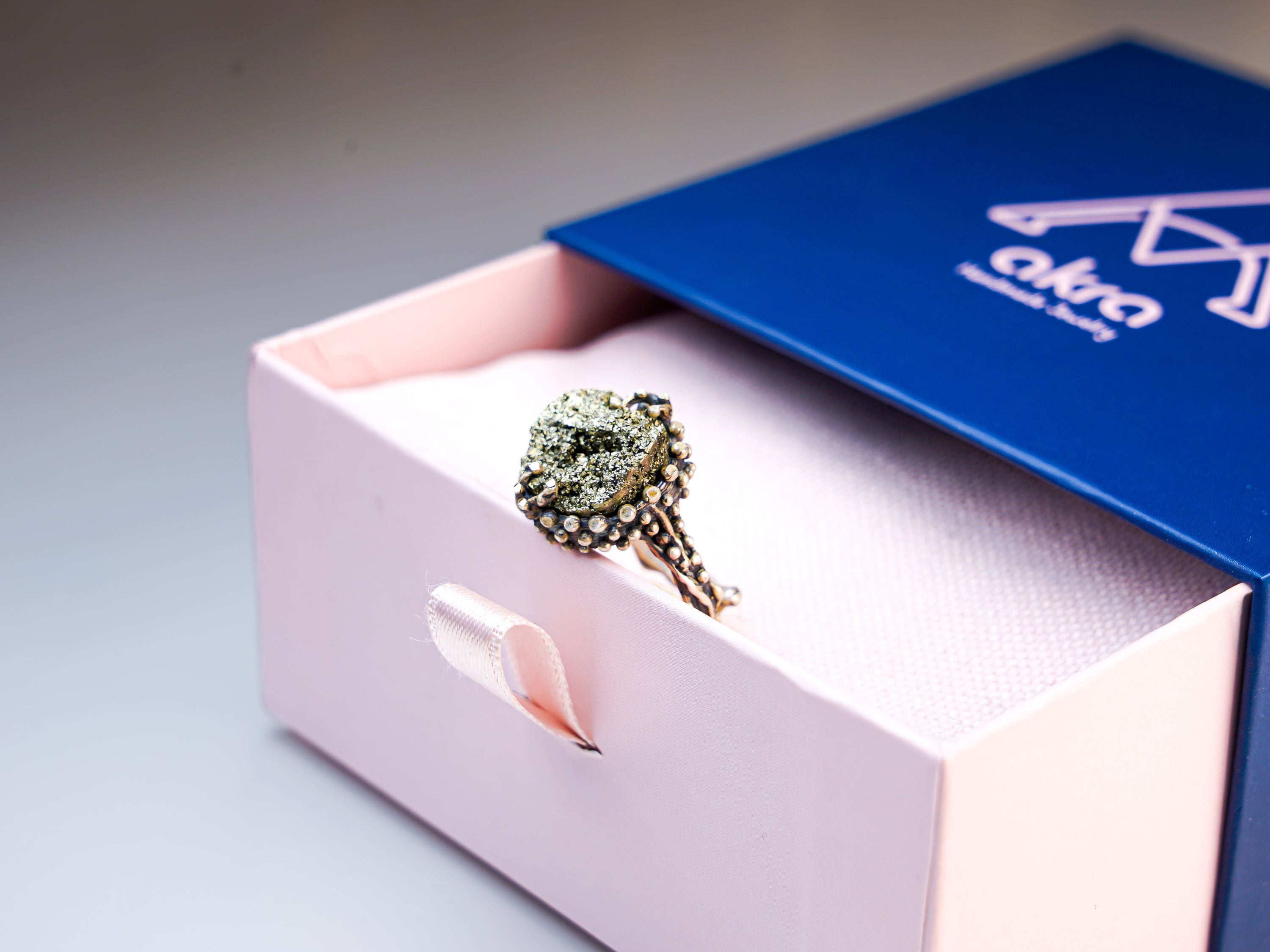Pyrite ring gift box packaging ready for gifting sterling silver jewelry