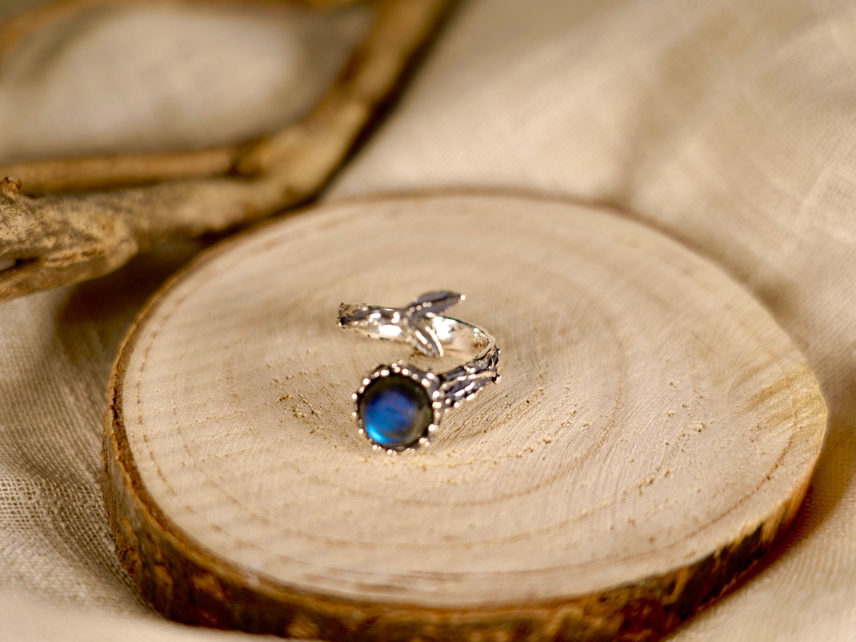 Lifestyle labradorite adjustable ring blue gemstone jewelry natural aesthetic composition