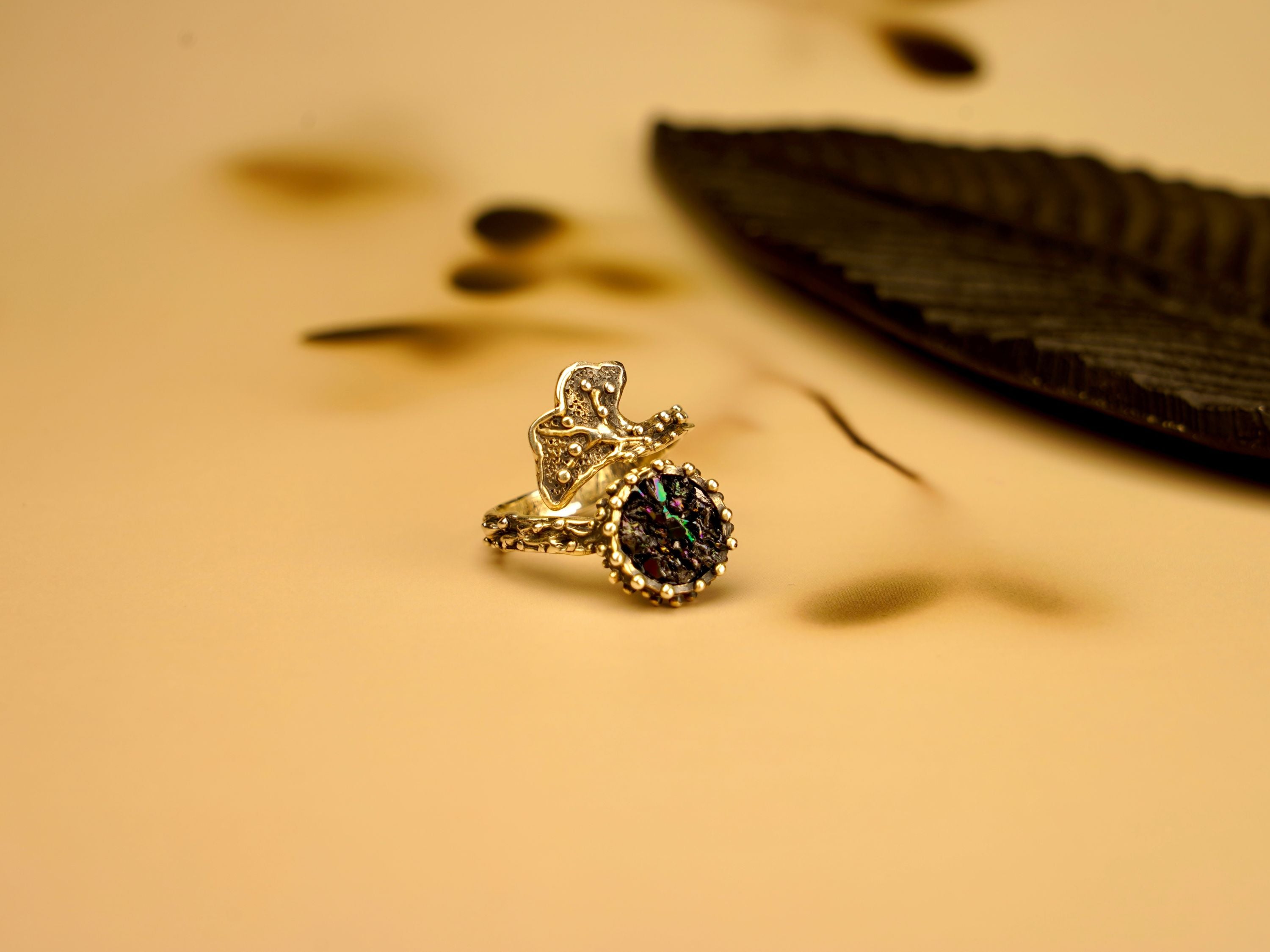 Lifestyle black tourmaline statement ring aesthetic composition artistic jewelry styling
