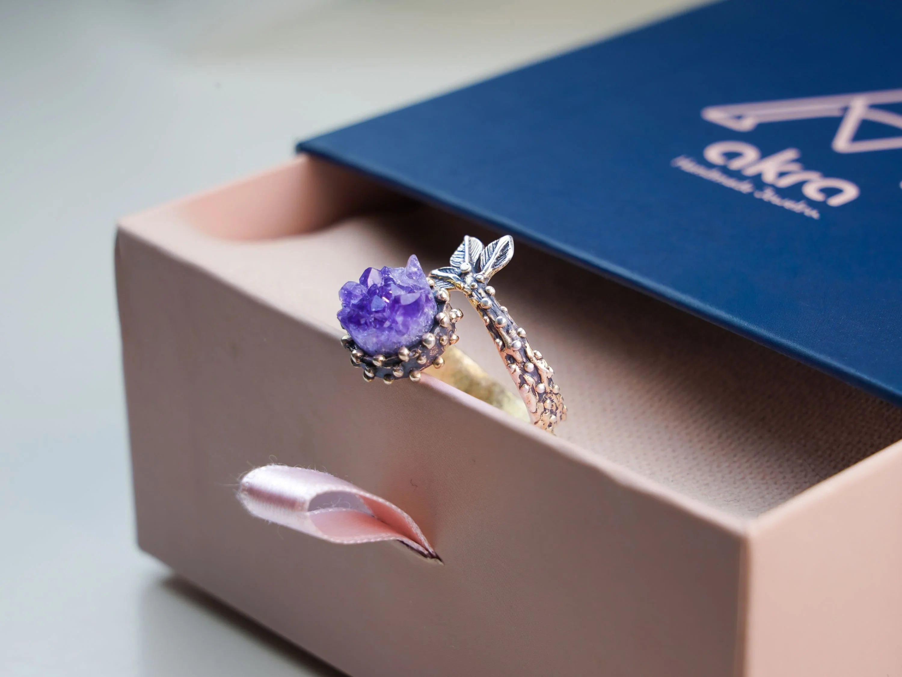 Amethyst ring gift box packaging ready for gifting jewelry presentation