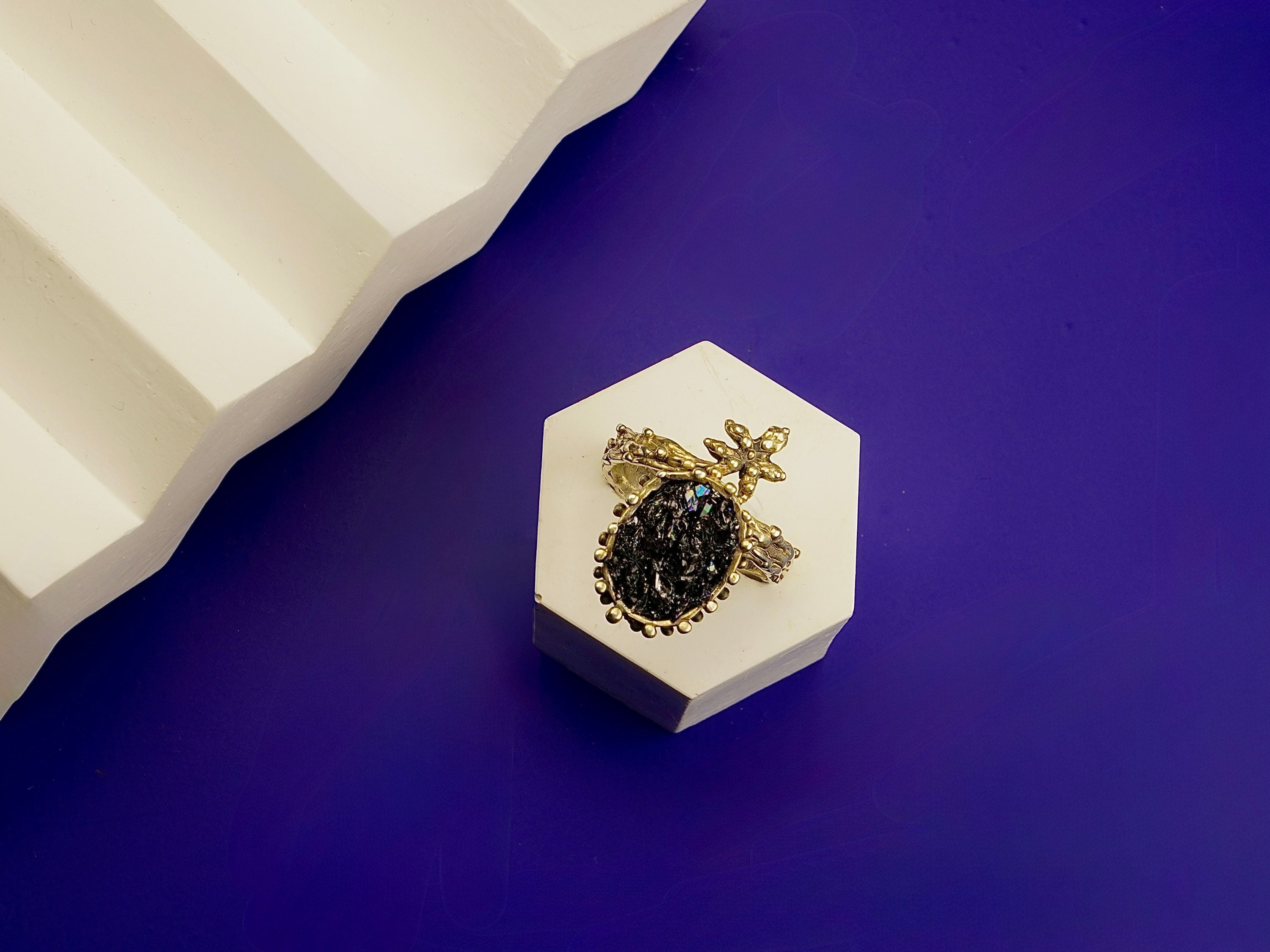 Lifestyle black tourmaline ring artistic styling gothic aesthetic jewelry composition