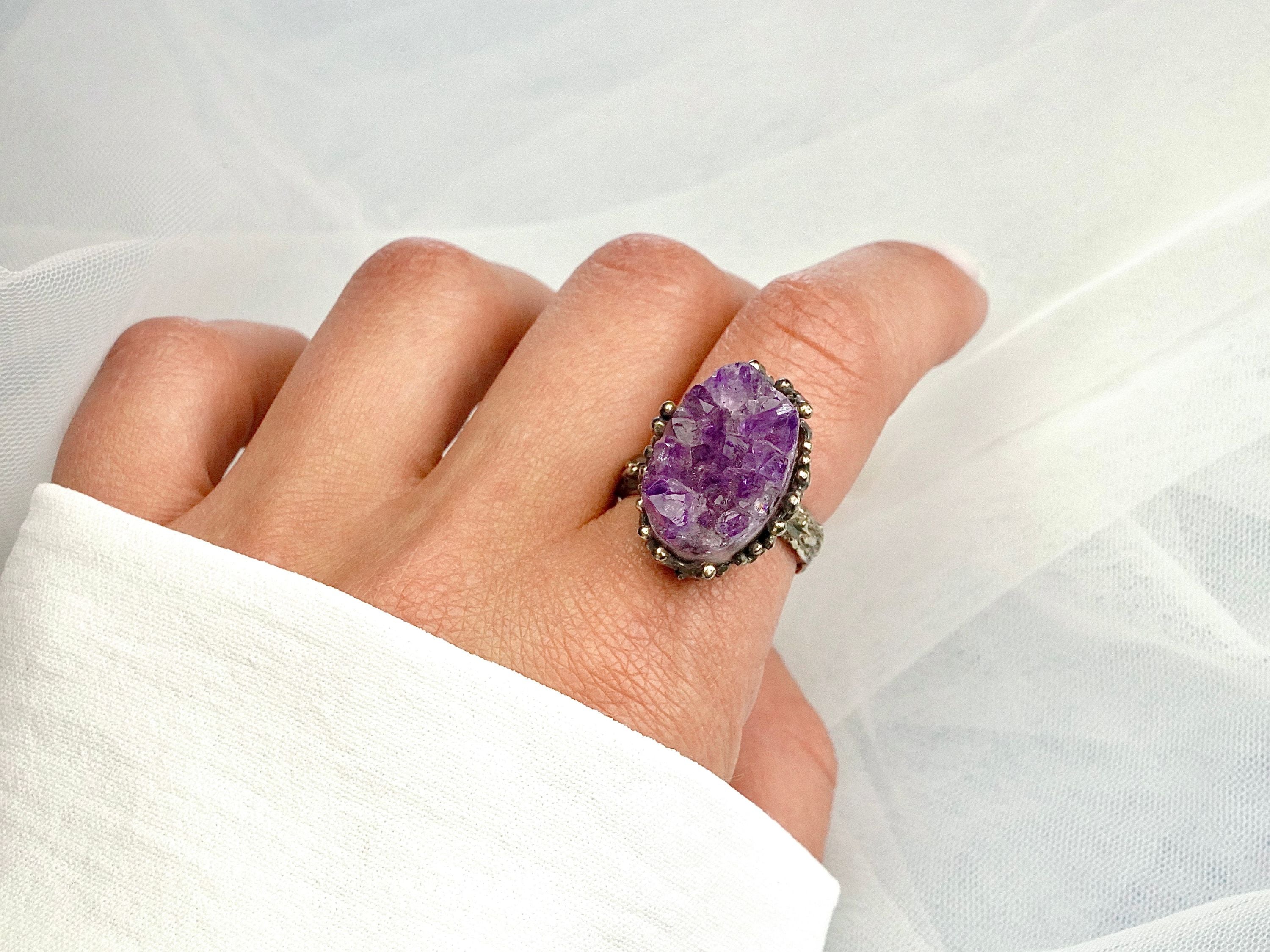 Lifestyle amethyst adjustable ring purple gemstone jewelry soft aesthetic composition