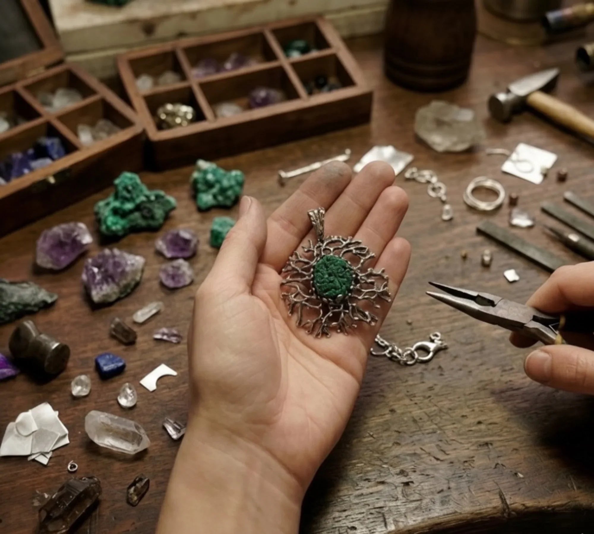Handcrafted jewelry making process at AKRA studio: A jeweler holding a sterling silver malachite pendant over a wooden workbench surrounded by raw gemstones, crystals, and traditional silver-working tools.