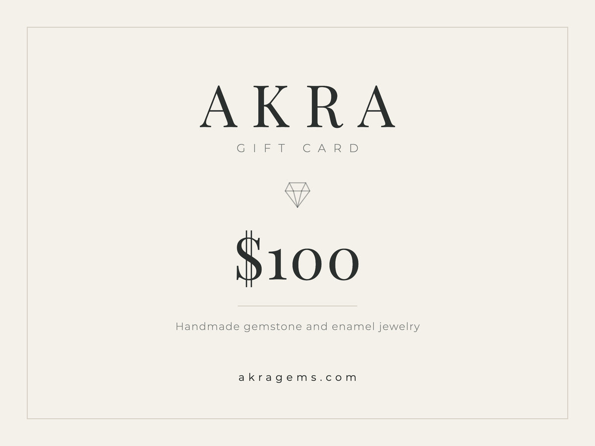 AKRA 100 dollar gift card for handmade gemstone and enamel jewelry