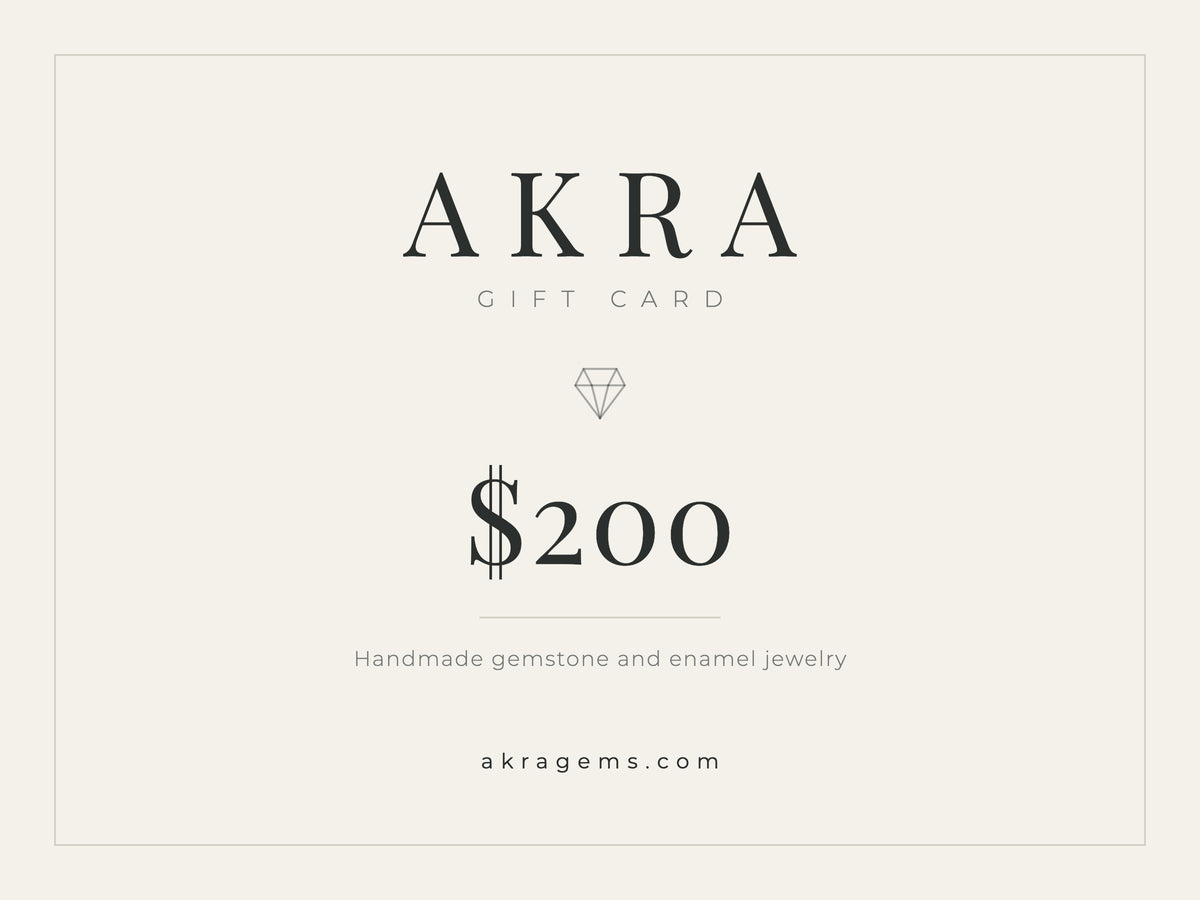 AKRA 200 dollar gift card for handmade gemstone and enamel jewelry