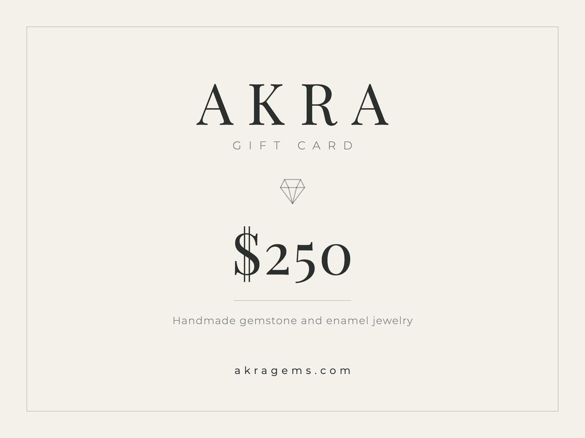 AKRA 250 dollar gift card for handmade gemstone and enamel jewelry